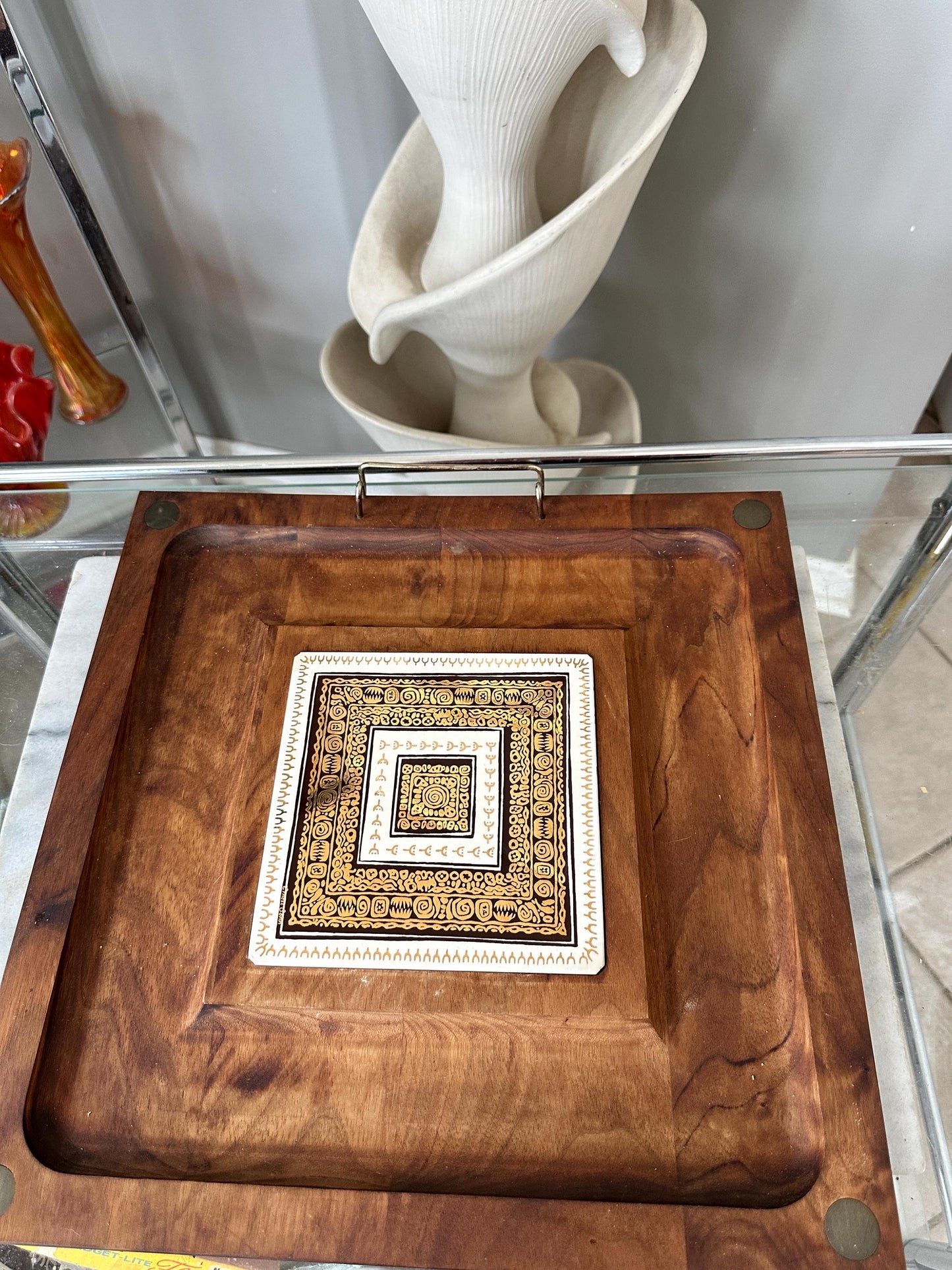Vintage Midcentury Modern Ernest Sohn Walnut & Ceramic Cheese Board Serving Tray