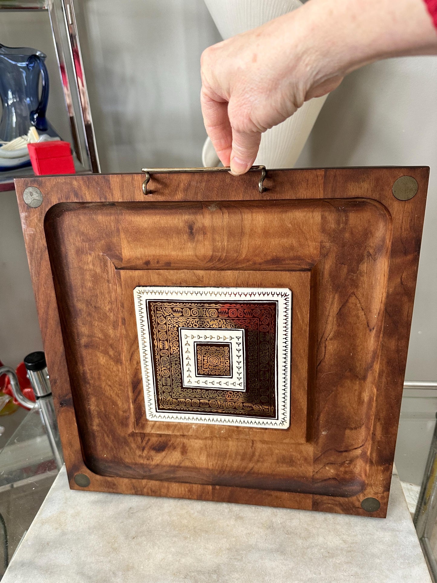 Vintage Midcentury Modern Ernest Sohn Walnut & Ceramic Cheese Board Serving Tray
