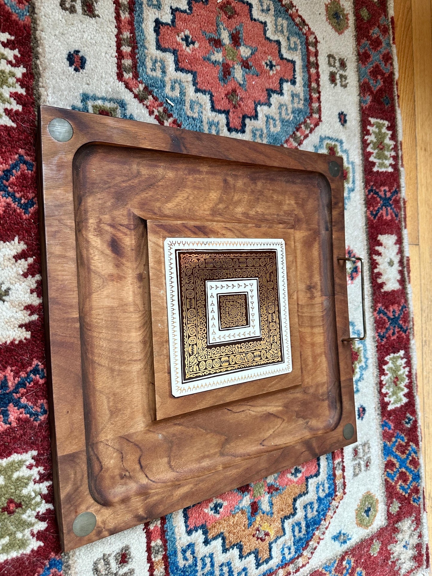 Vintage Midcentury Modern Ernest Sohn Walnut & Ceramic Cheese Board Serving Tray