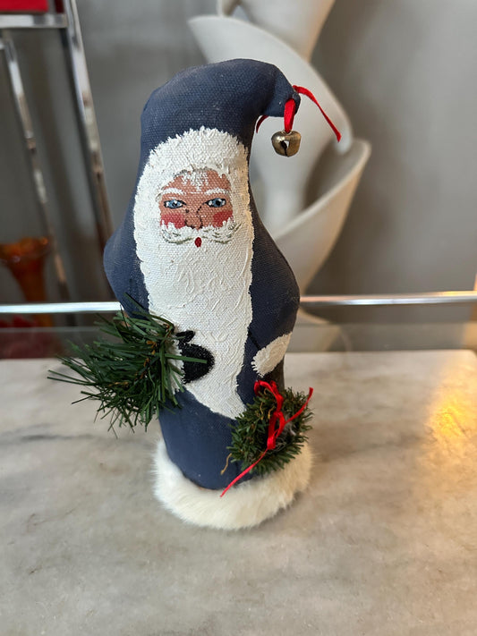 Hand Painted Fabric Santa Figurine – 9” Blue Christmas Decor