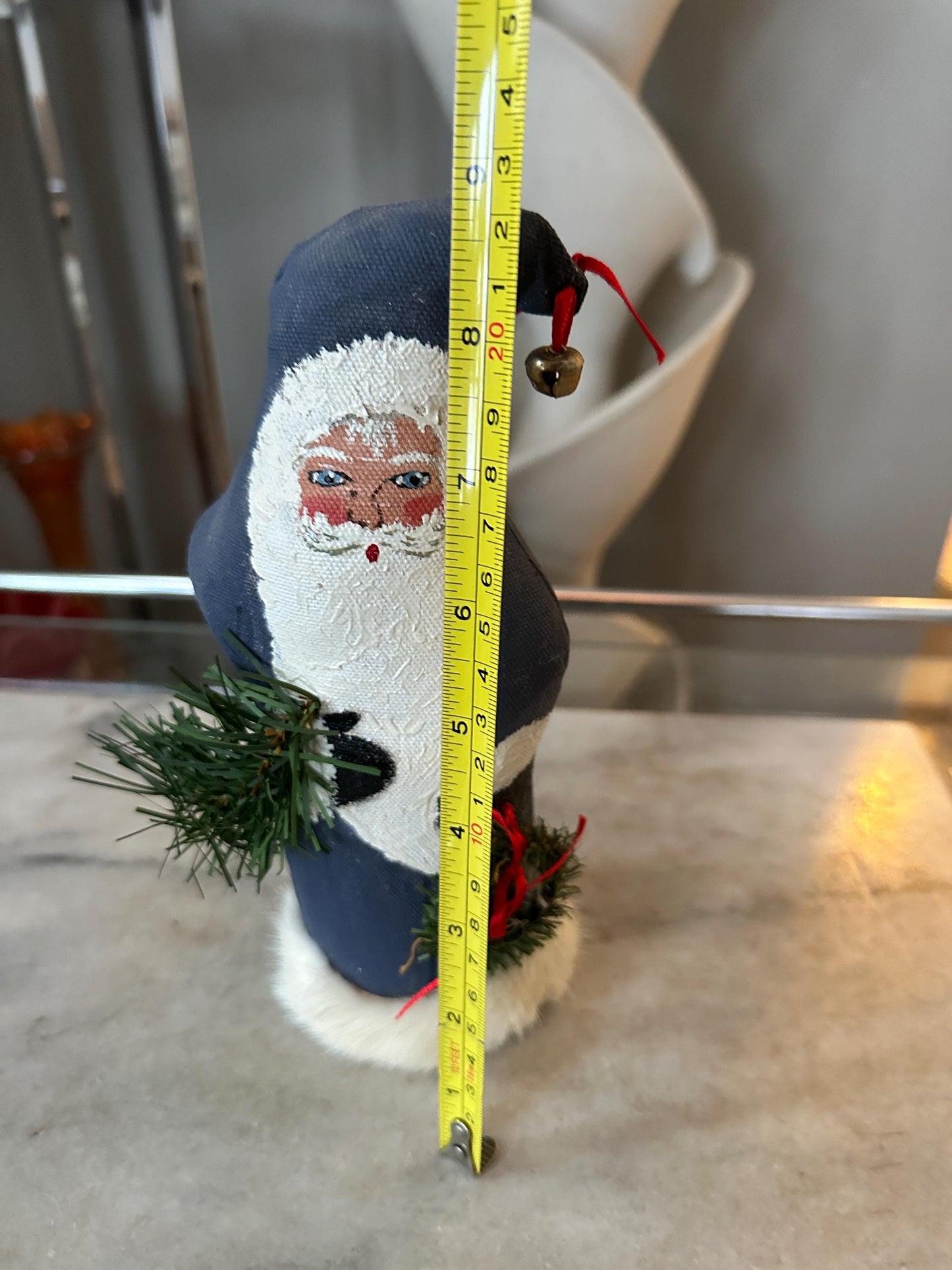 Hand Painted Fabric Santa Figurine – 9” Blue Christmas Decor