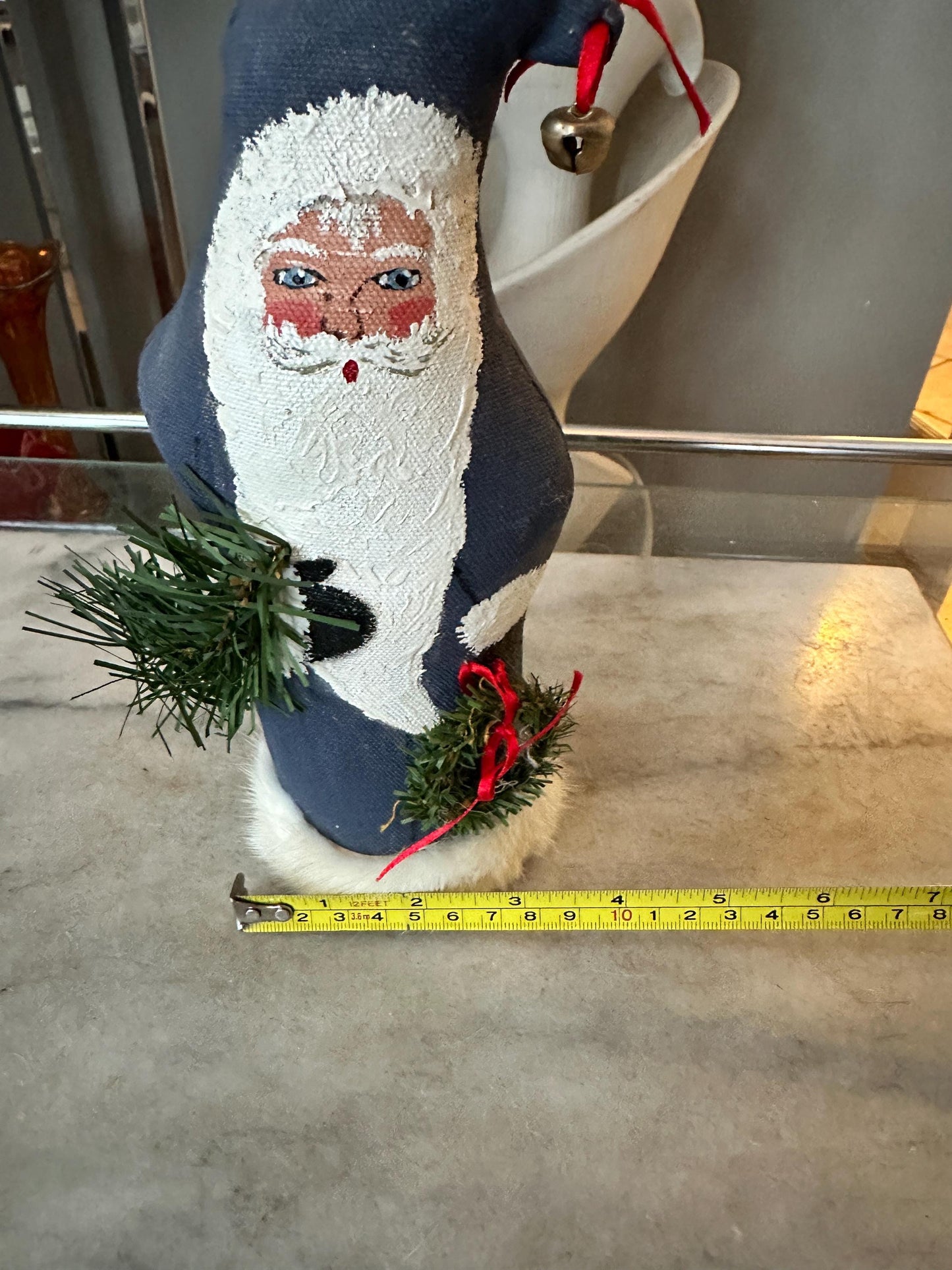 Hand Painted Fabric Santa Figurine – 9” Blue Christmas Decor