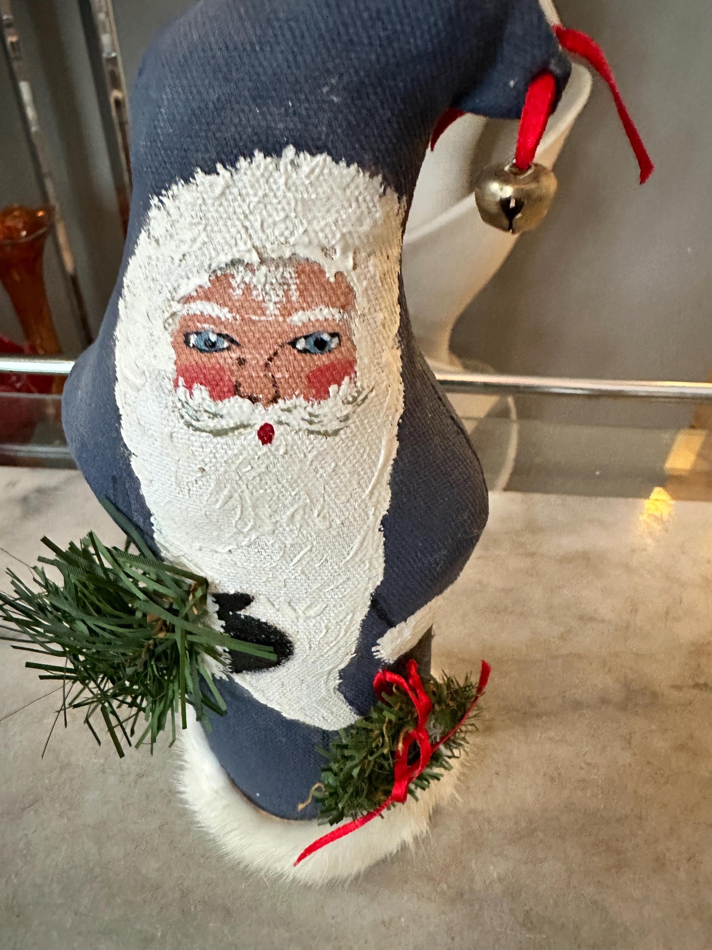 Hand Painted Fabric Santa Figurine – 9” Blue Christmas Decor