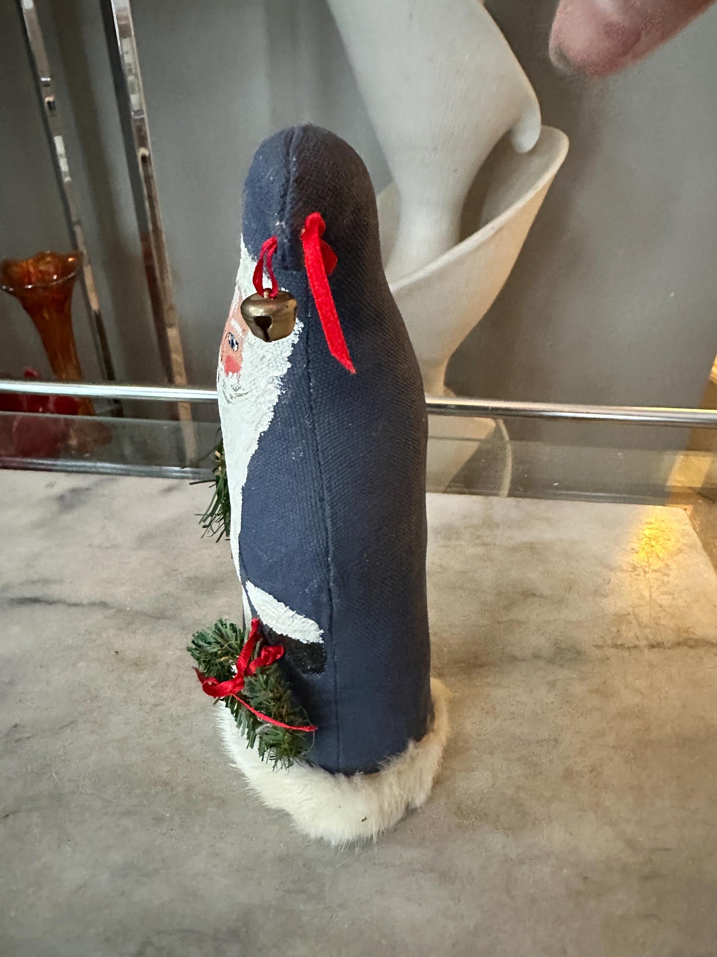 Hand Painted Fabric Santa Figurine – 9” Blue Christmas Decor