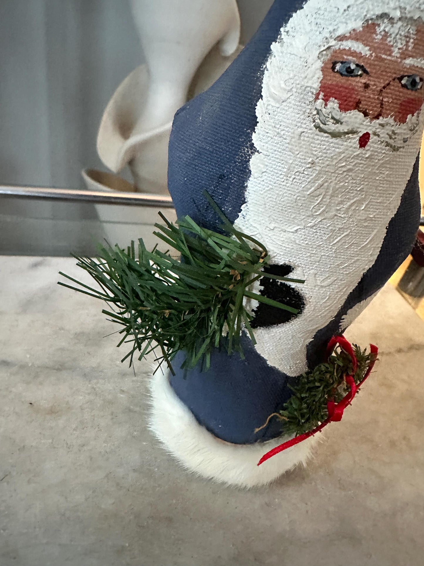 Hand Painted Fabric Santa Figurine – 9” Blue Christmas Decor