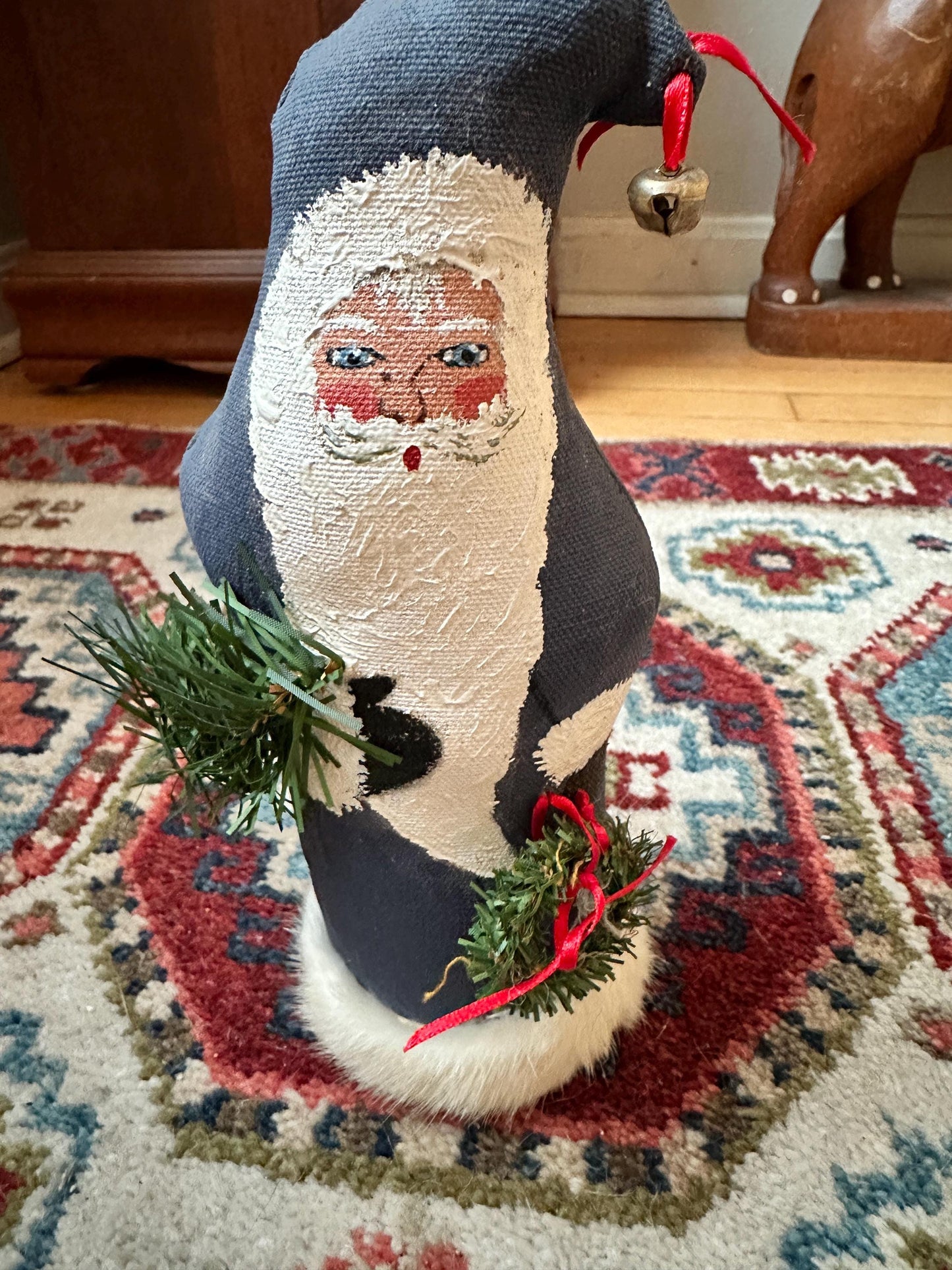 Hand Painted Fabric Santa Figurine – 9” Blue Christmas Decor