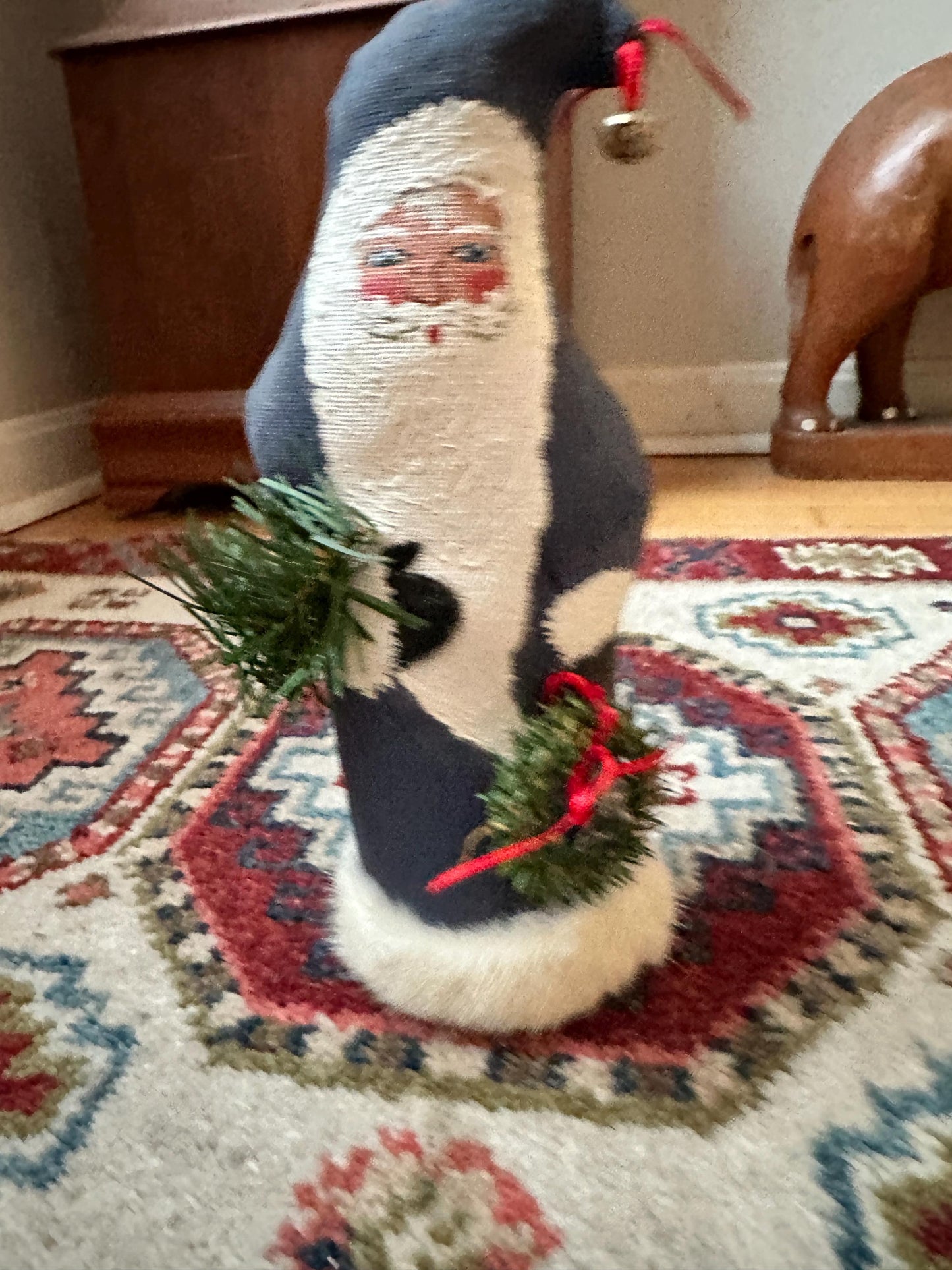 Hand Painted Fabric Santa Figurine – 9” Blue Christmas Decor