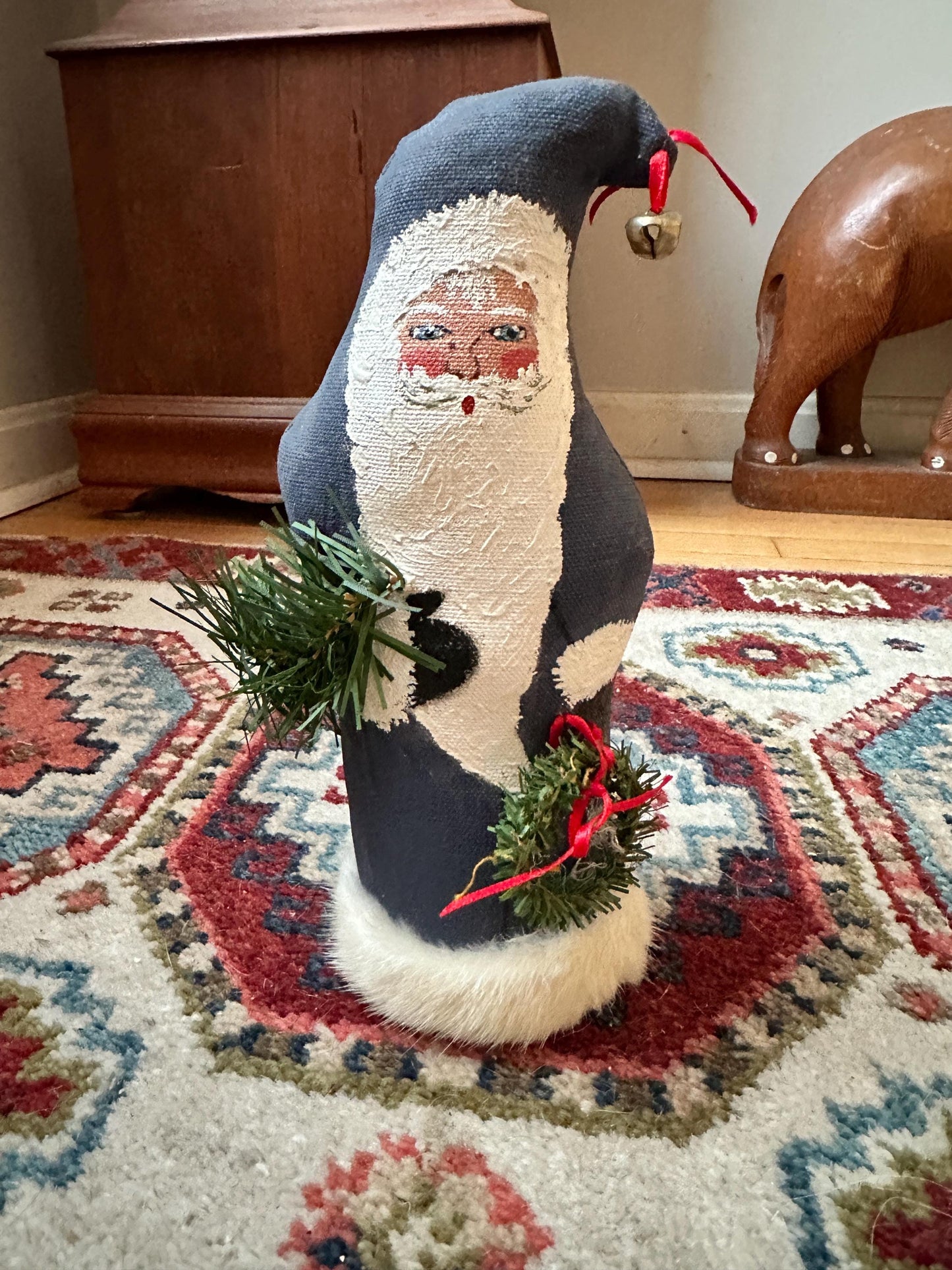Hand Painted Fabric Santa Figurine – 9” Blue Christmas Decor