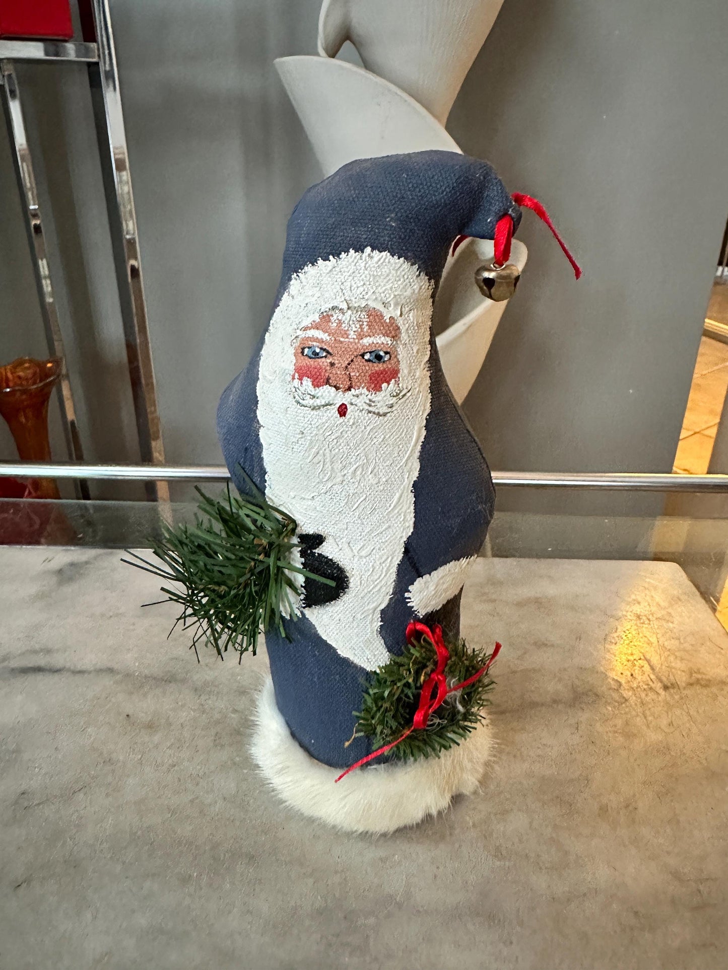 Hand Painted Fabric Santa Figurine – 9” Blue Christmas Decor
