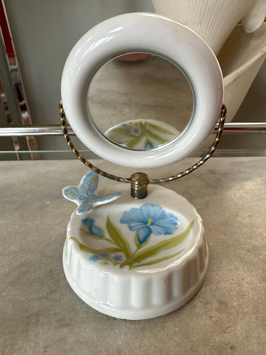 Vintage Porcelain Trinket Tray with Mirror, Blue Iris Butterfly Decor