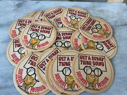 Vintage Sunshine Beer Coasters – Reading PA Breweriana, Set of 20, "Get a Sunny Thing Going"
