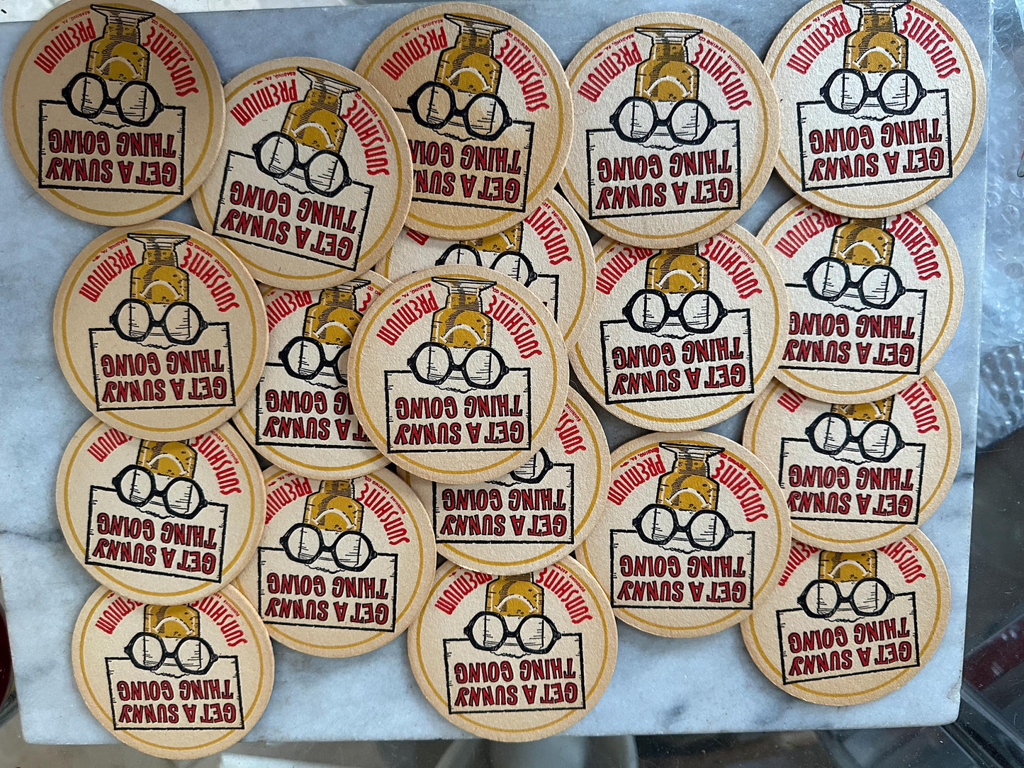 Vintage Sunshine Beer Coasters – Reading PA Breweriana, Set of 20, "Get a Sunny Thing Going"