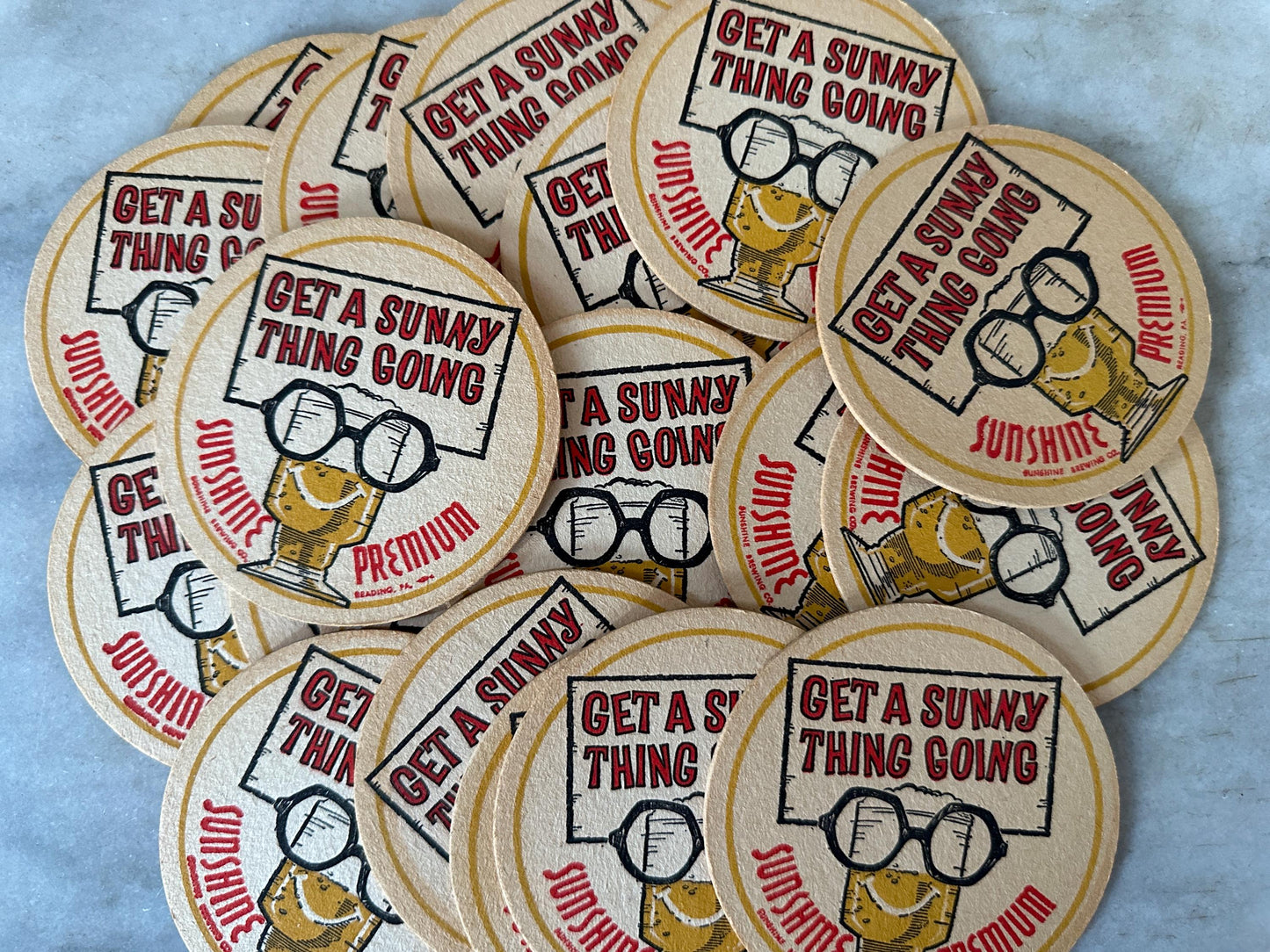 Vintage Sunshine Beer Coasters – Reading PA Breweriana, Set of 20, "Get a Sunny Thing Going"