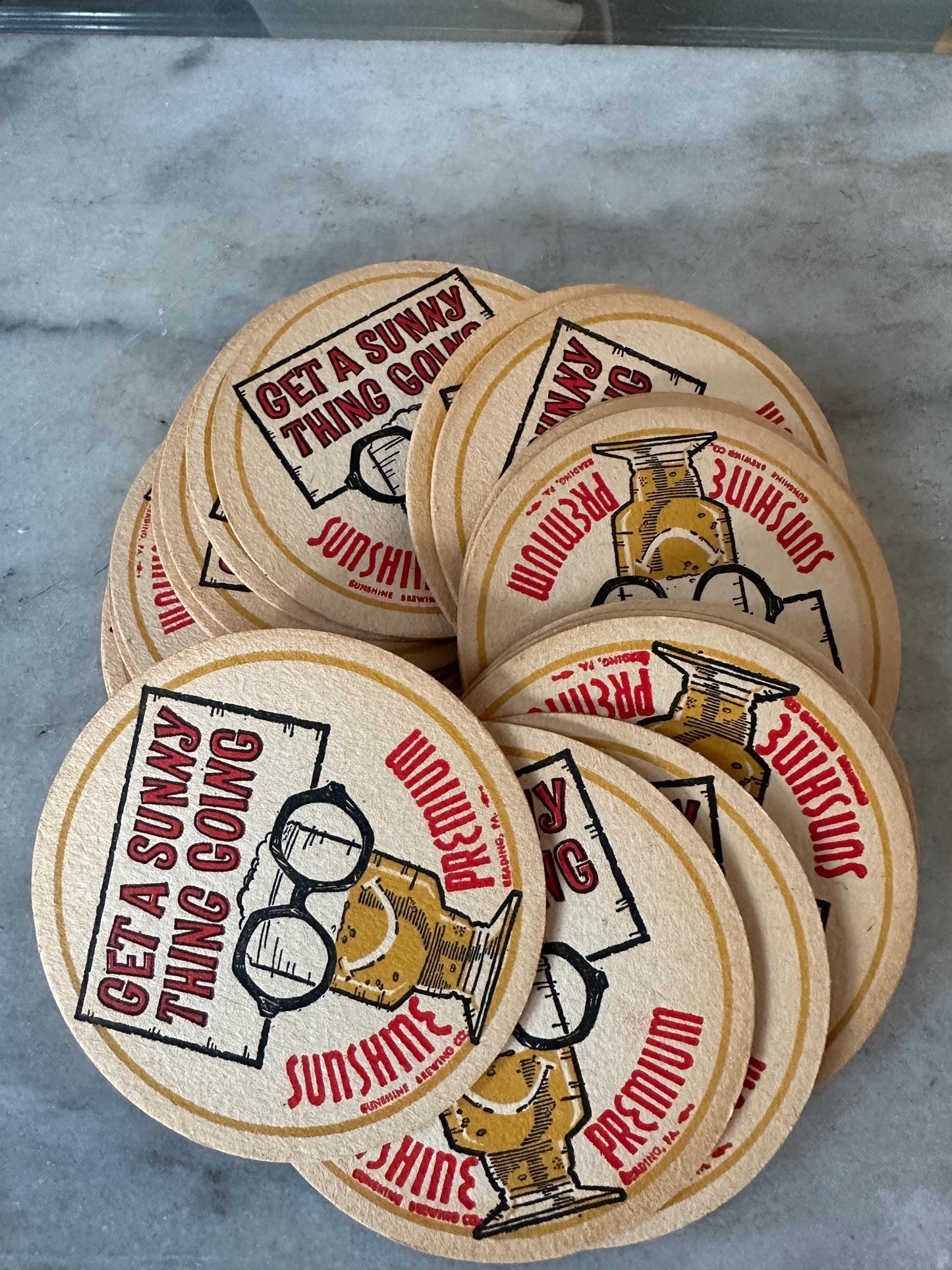 Vintage Sunshine Beer Coasters – Reading PA Breweriana, Set of 20, "Get a Sunny Thing Going"