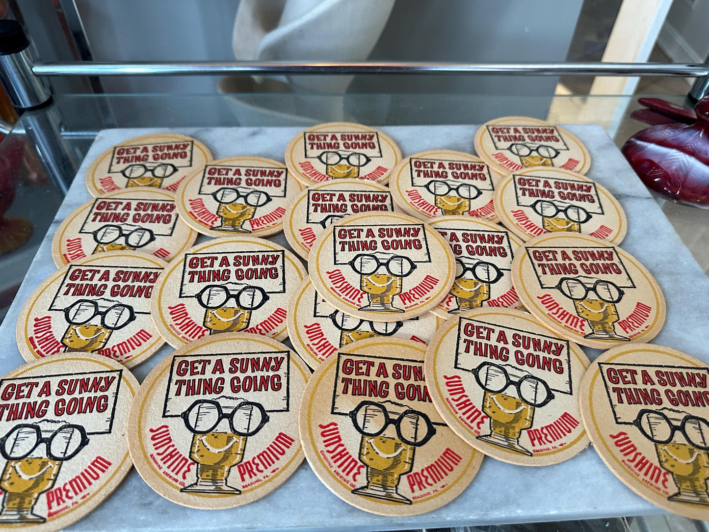 Vintage Sunshine Beer Coasters – Reading PA Breweriana, Set of 20, "Get a Sunny Thing Going"