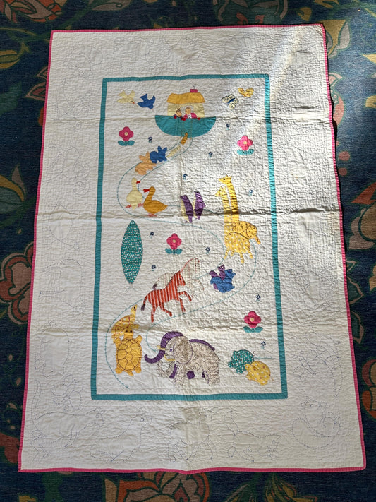 Hand Stitched Noah's Ark Quilt | Vintage Appliqué Nursery Decor (52x36
