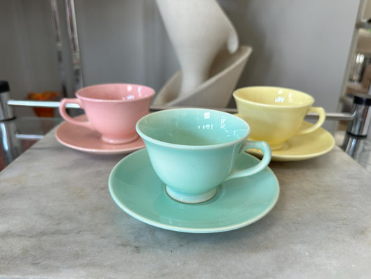 1930s Lu-Ray Pastel Cup and Saucer Set, Retro Kitchen Decor