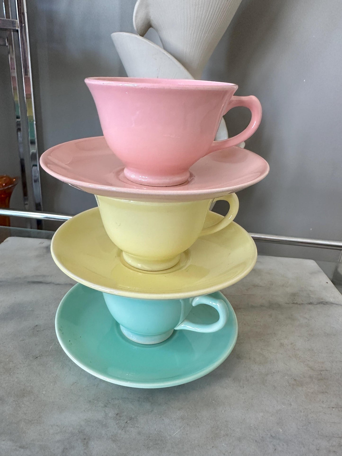 1930s Lu-Ray Pastel Cup and Saucer Set, Retro Kitchen Decor