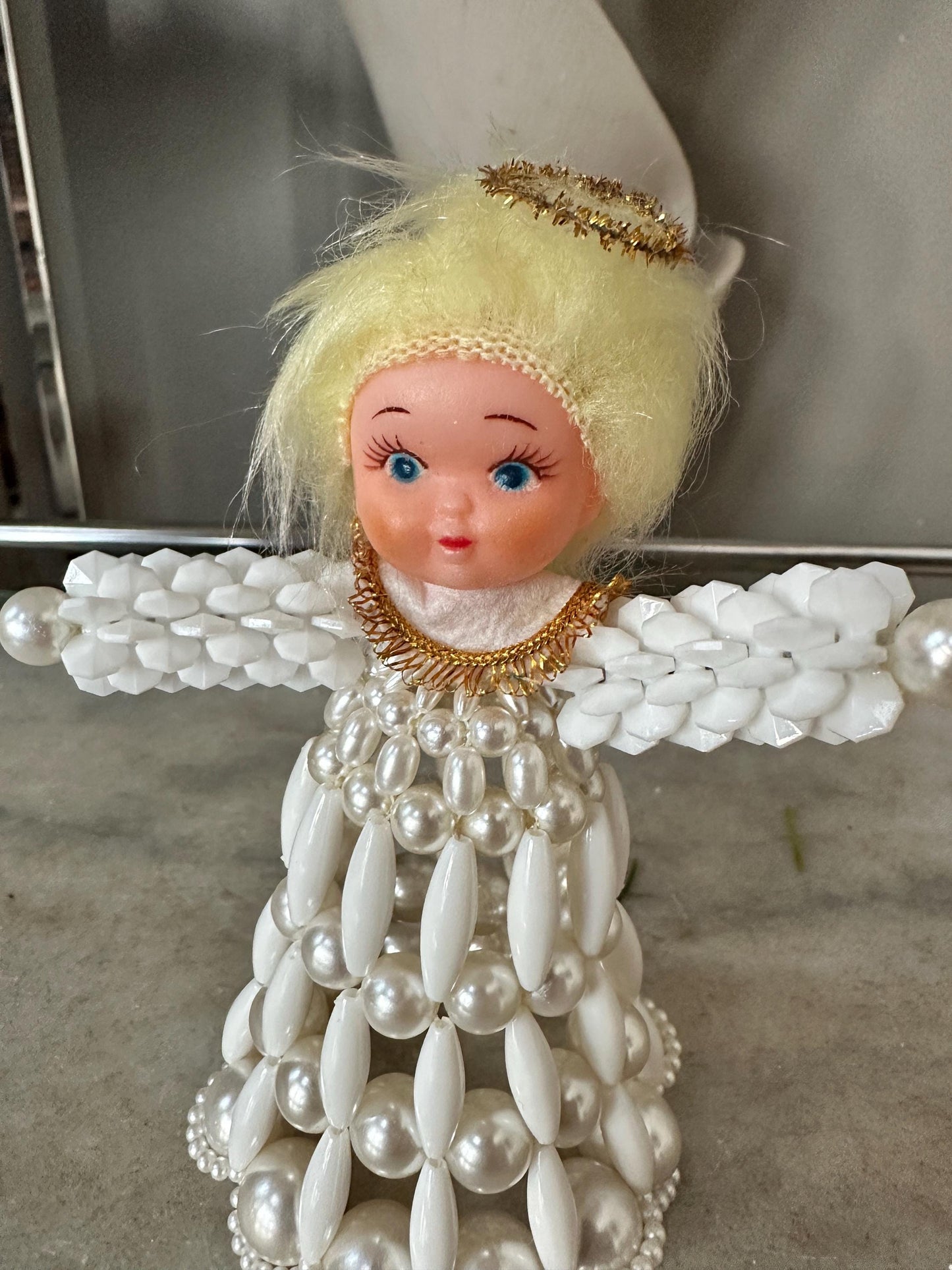Vintage Beaded Angel Christmas Tree Topper, Hand Crafted, Kitschy Christmas, Mid-Century Figurine, 6 x 4 inches