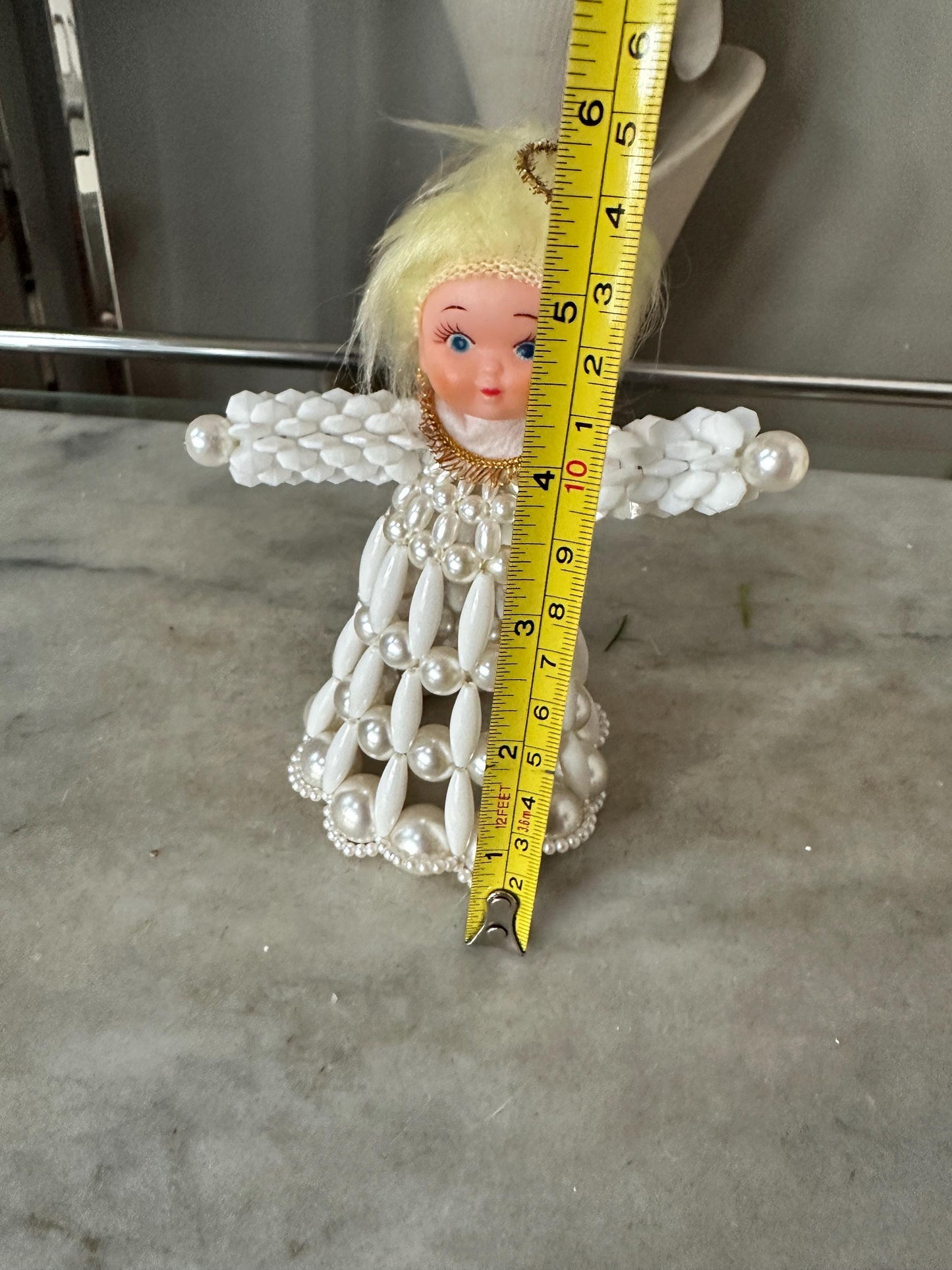 Vintage Beaded Angel Christmas Tree Topper, Hand Crafted, Kitschy Christmas, Mid-Century Figurine, 6 x 4 inches