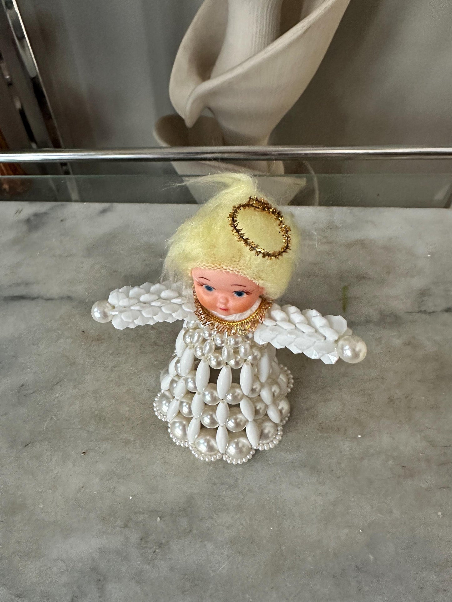 Vintage Beaded Angel Christmas Tree Topper, Hand Crafted, Kitschy Christmas, Mid-Century Figurine, 6 x 4 inches