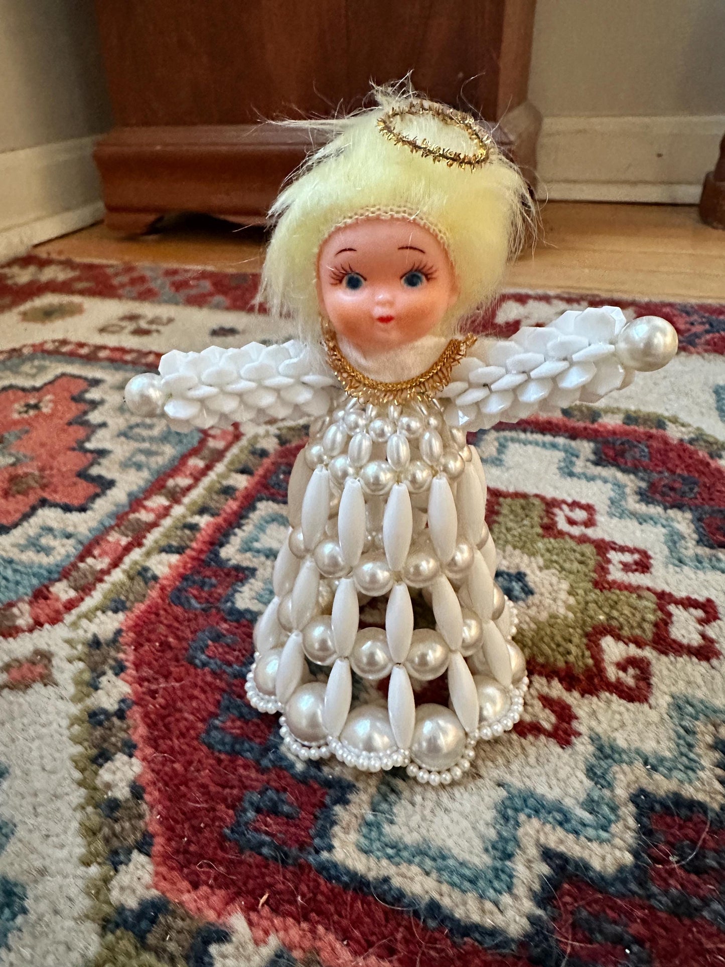 Vintage Beaded Angel Christmas Tree Topper, Hand Crafted, Kitschy Christmas, Mid-Century Figurine, 6 x 4 inches