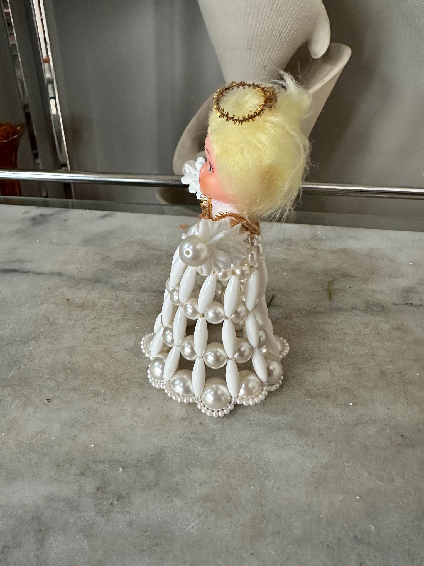Vintage Beaded Angel Christmas Tree Topper, Hand Crafted, Kitschy Christmas, Mid-Century Figurine, 6 x 4 inches