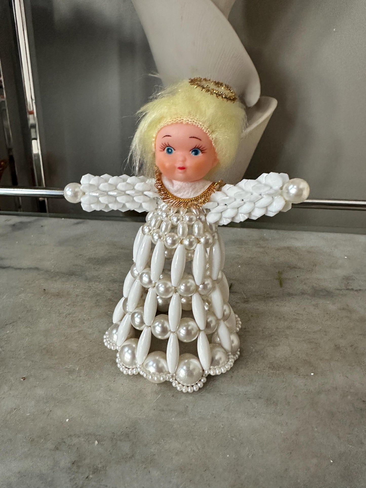 Vintage Beaded Angel Christmas Tree Topper, Hand Crafted, Kitschy Christmas, Mid-Century Figurine, 6 x 4 inches