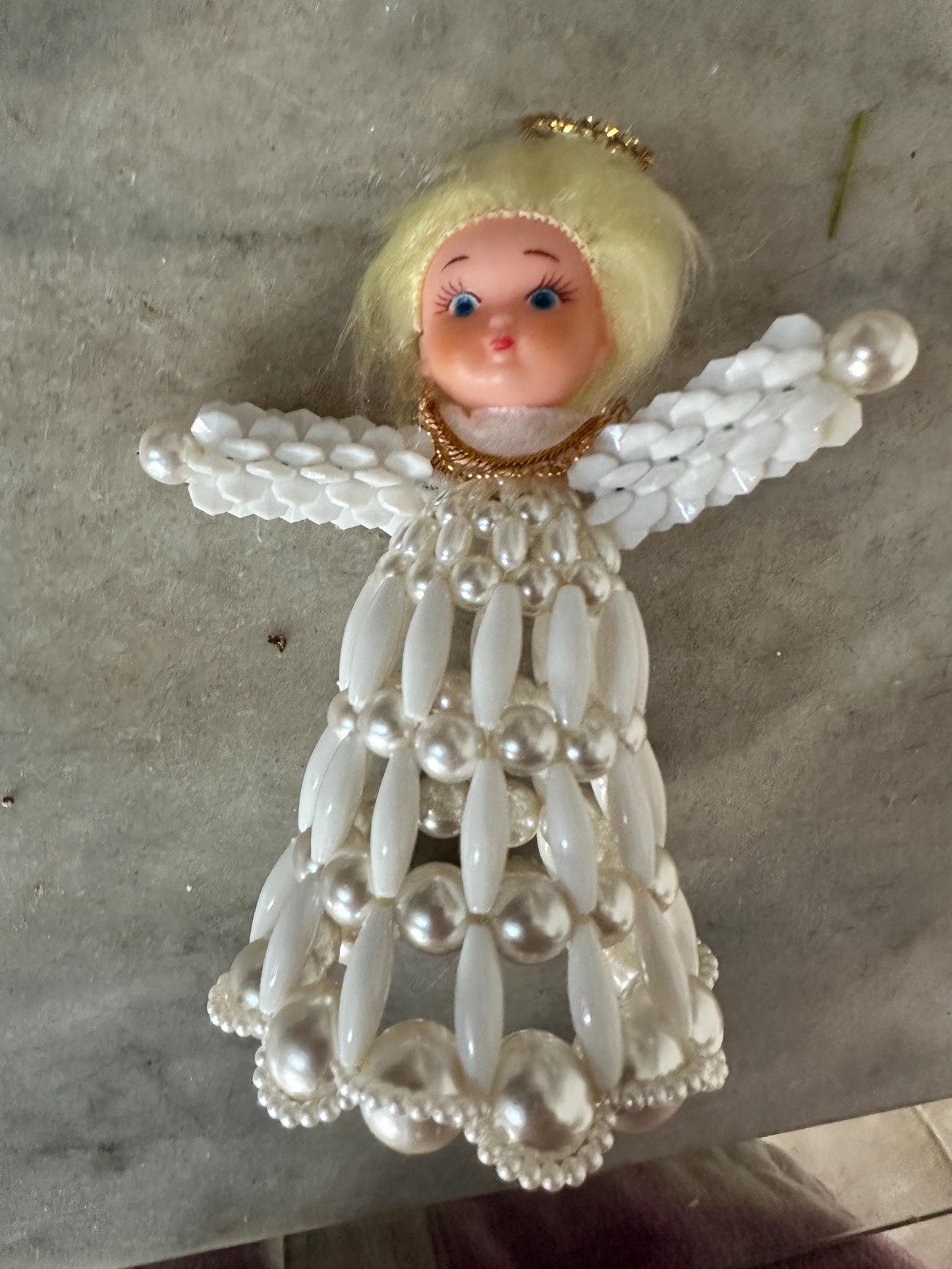 Vintage Beaded Angel Christmas Tree Topper, Hand Crafted, Kitschy Christmas, Mid-Century Figurine, 6 x 4 inches