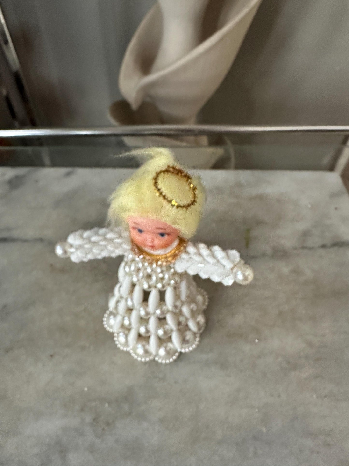 Vintage Beaded Angel Christmas Tree Topper, Hand Crafted, Kitschy Christmas, Mid-Century Figurine, 6 x 4 inches