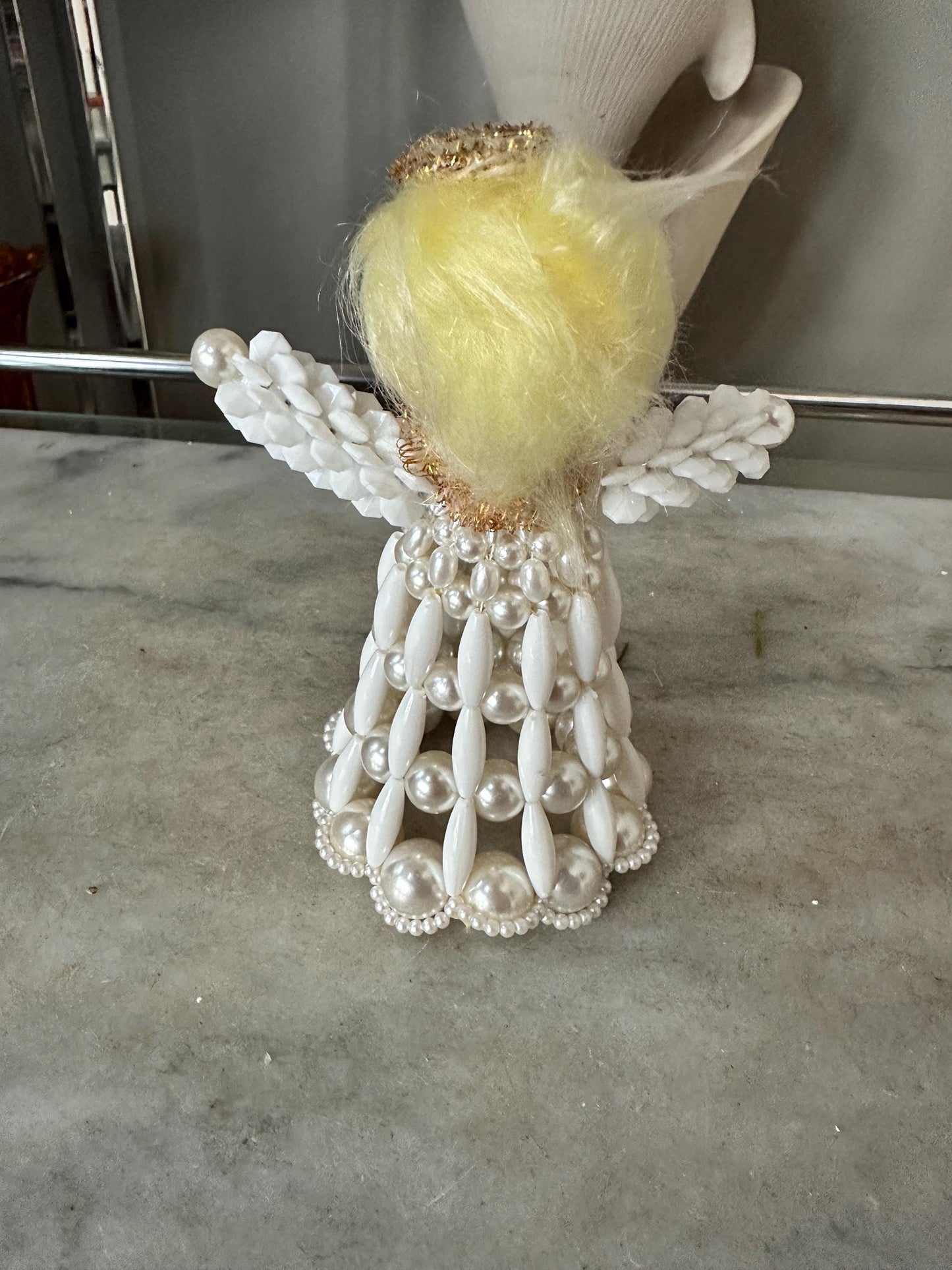 Vintage Beaded Angel Christmas Tree Topper, Hand Crafted, Kitschy Christmas, Mid-Century Figurine, 6 x 4 inches
