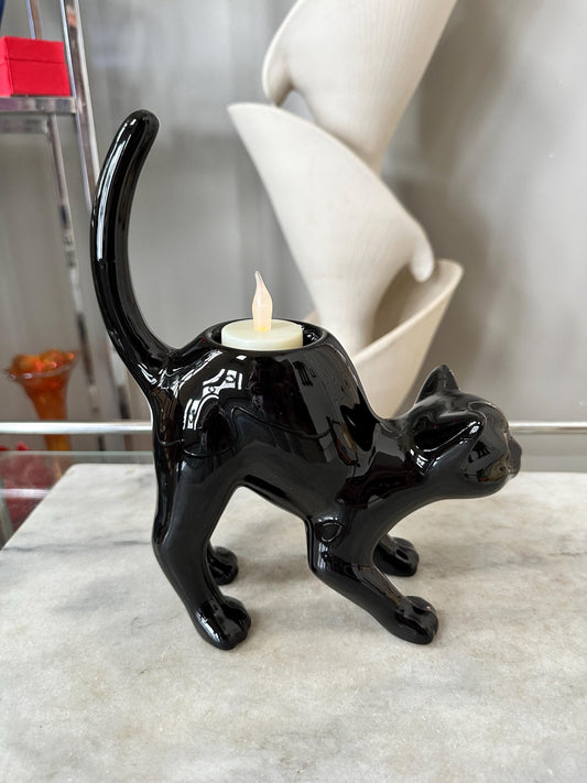 Vintage Partylite Black Cat Tea Light Candle Holder, Halloween Decor, Whimsical Gothic Accent