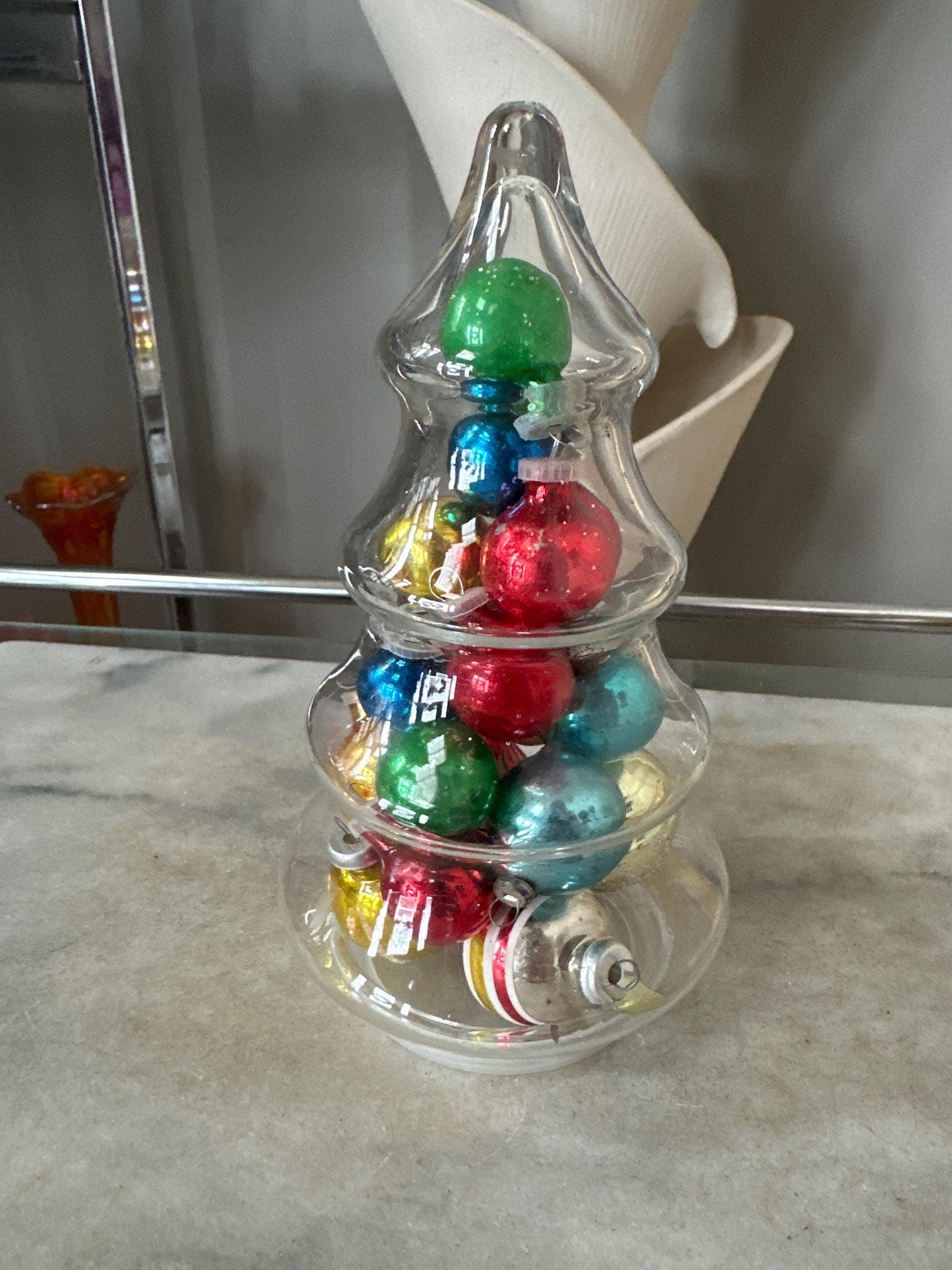 Vintage Christmas Tree Jar with Mini Mercury Glass Ornaments, 9 inches tall