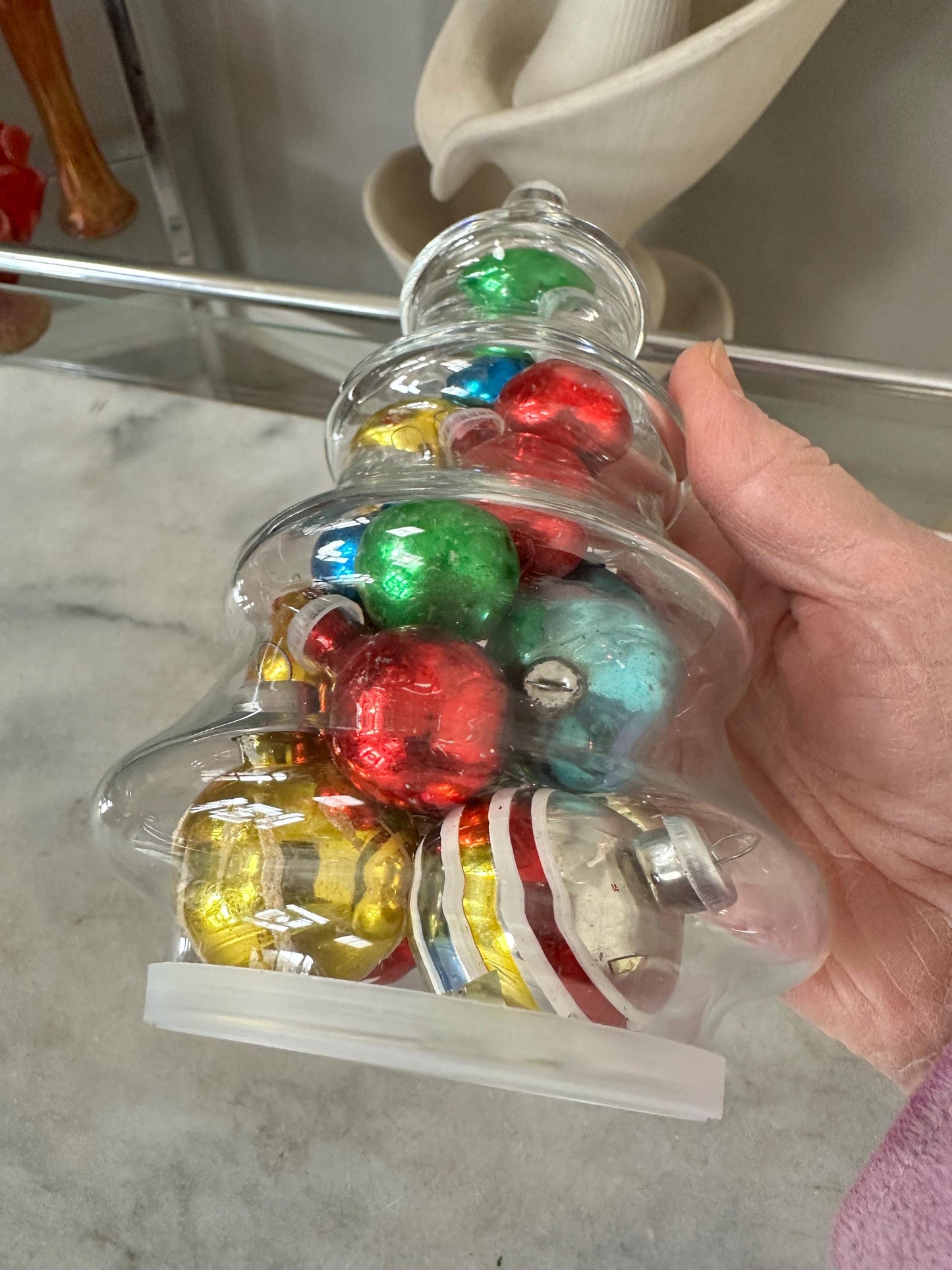 Vintage Christmas Tree Jar with Mini Mercury Glass Ornaments, 9 inches tall