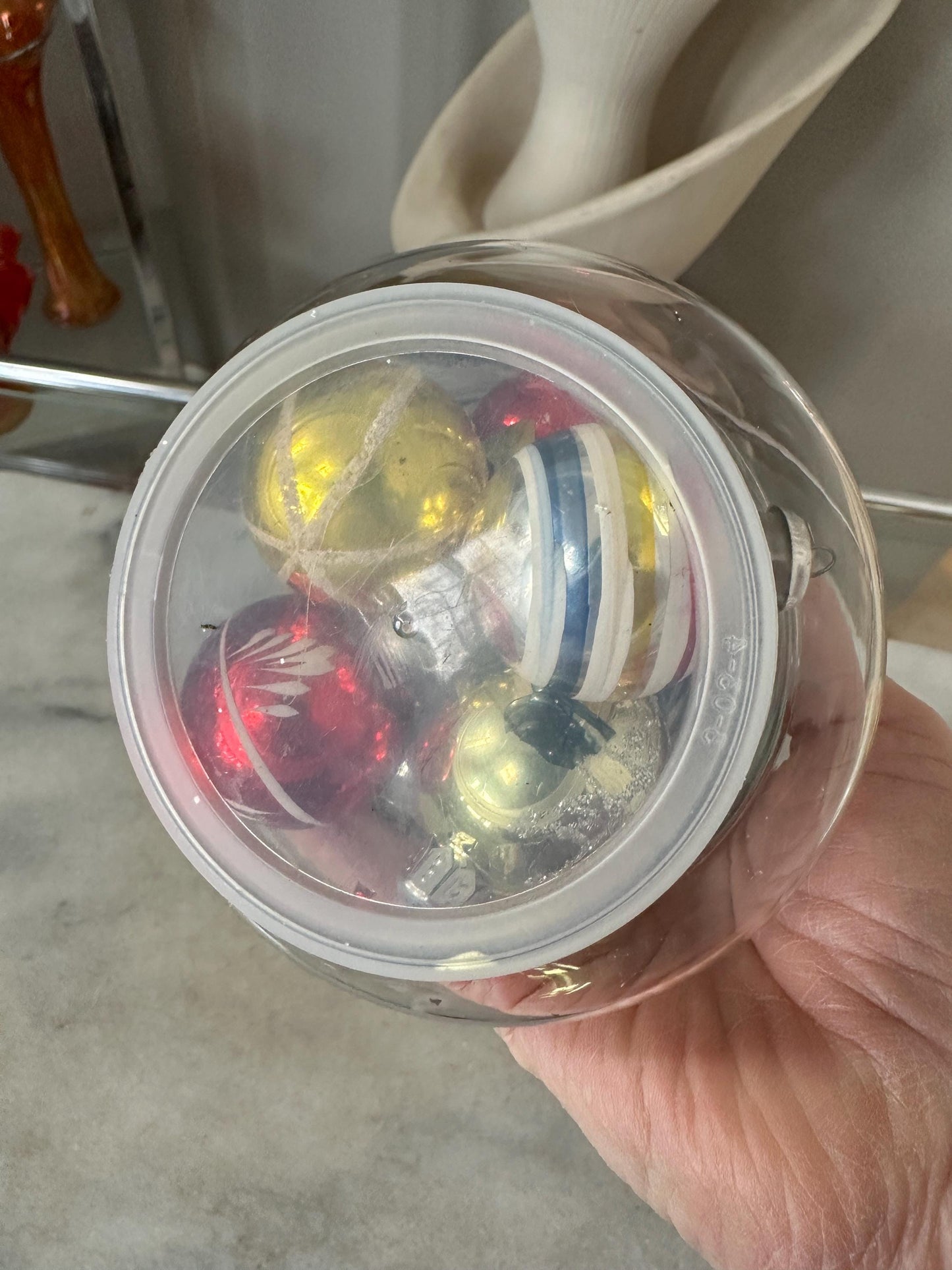 Vintage Christmas Tree Jar with Mini Mercury Glass Ornaments, 9 inches tall