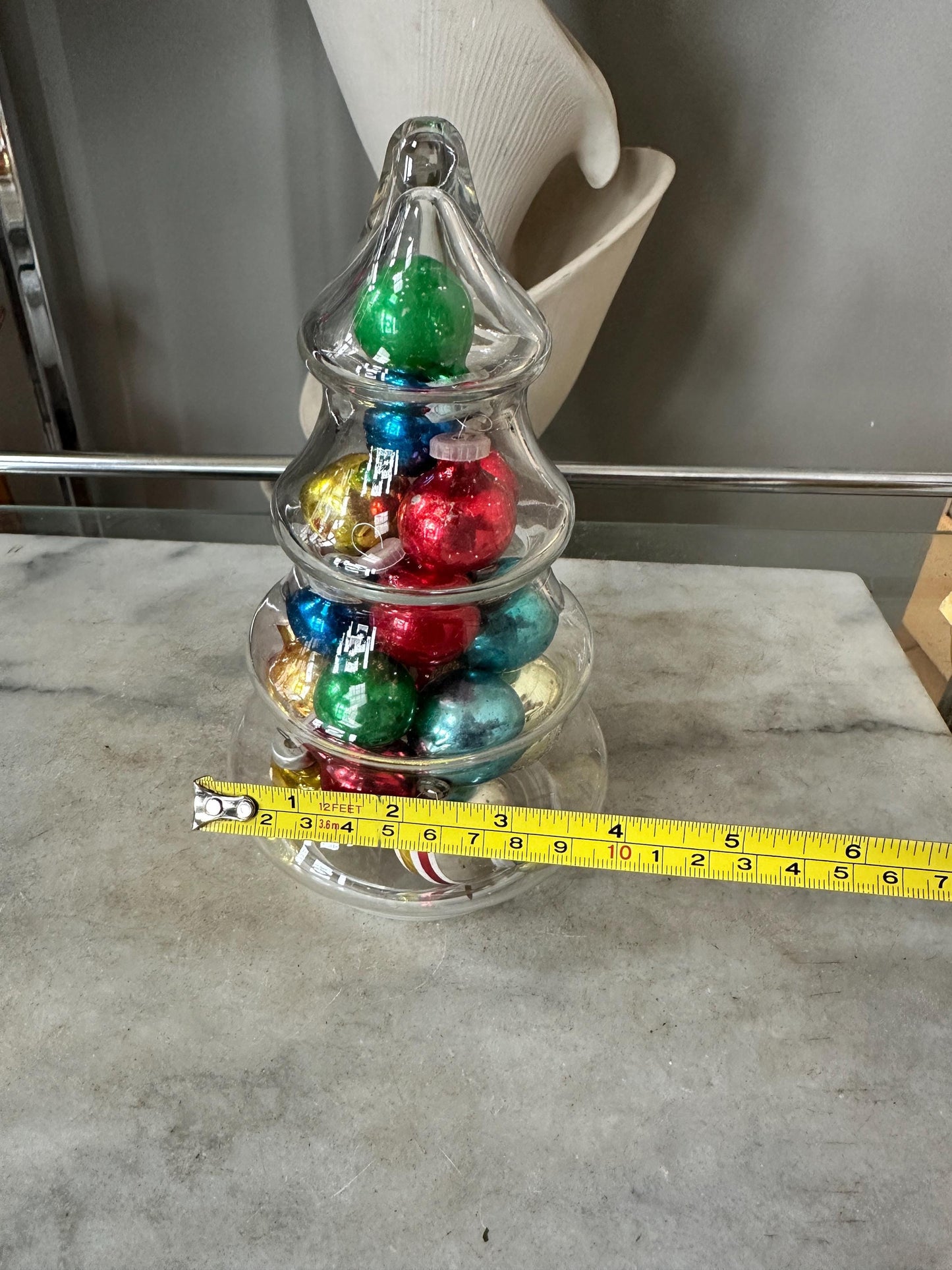 Vintage Christmas Tree Jar with Mini Mercury Glass Ornaments, 9 inches tall