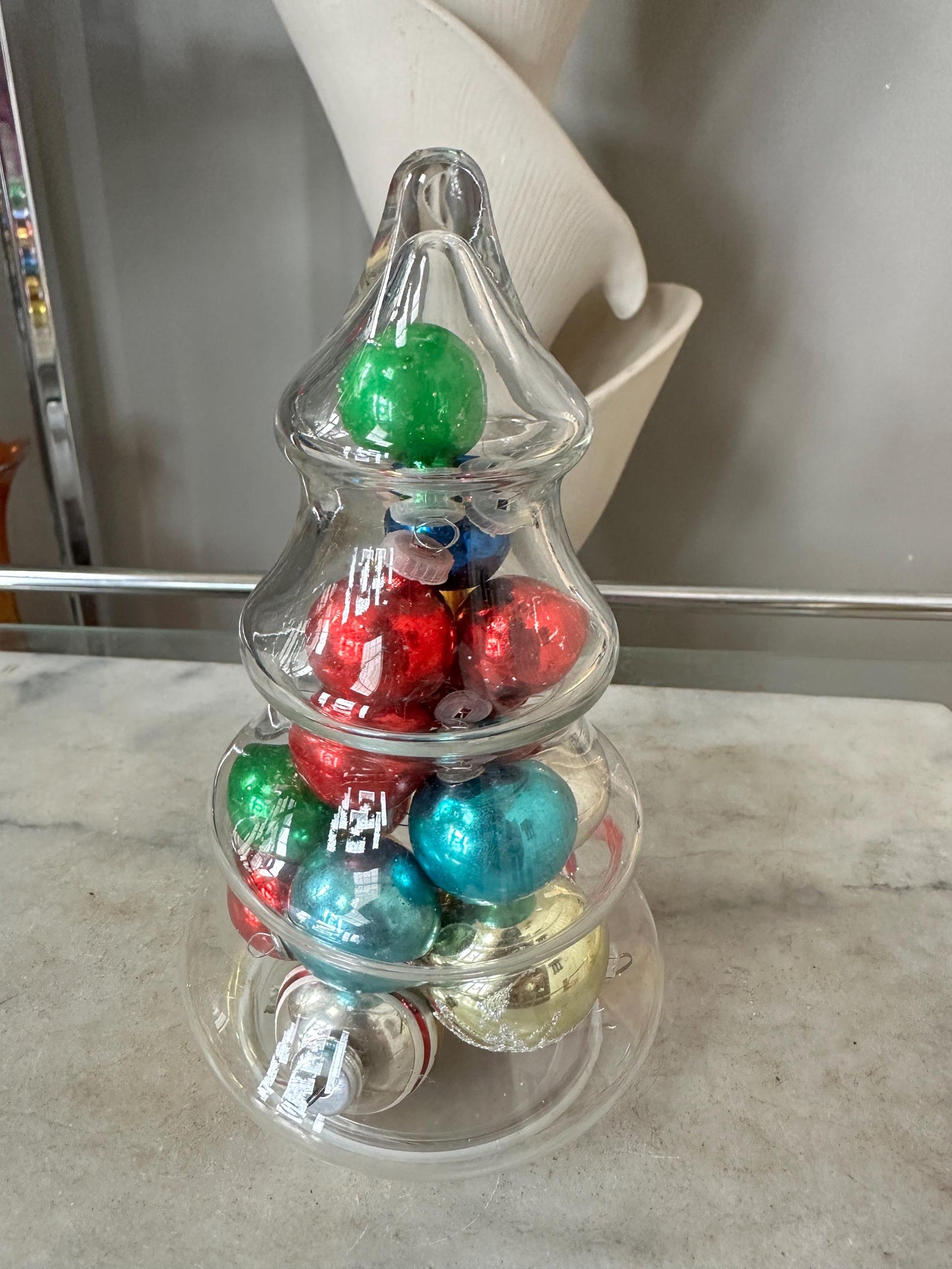 Vintage Christmas Tree Jar with Mini Mercury Glass Ornaments, 9 inches tall