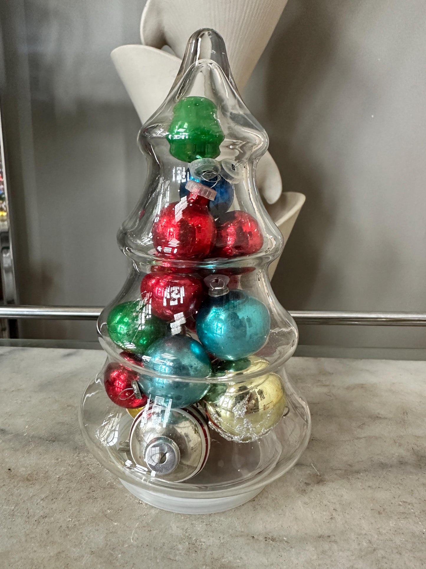 Vintage Christmas Tree Jar with Mini Mercury Glass Ornaments, 9 inches tall