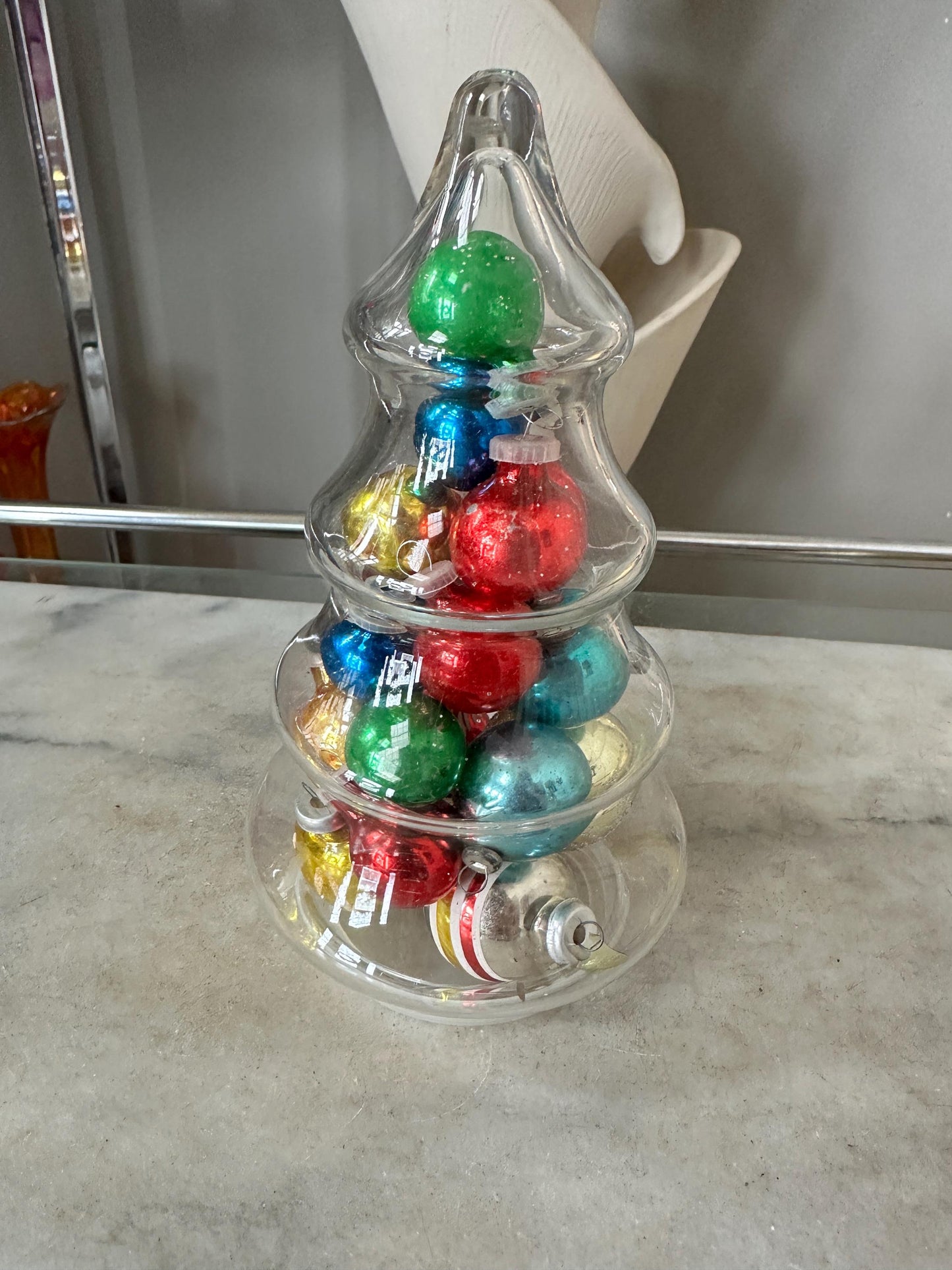 Vintage Christmas Tree Jar with Mini Mercury Glass Ornaments, 9 inches tall