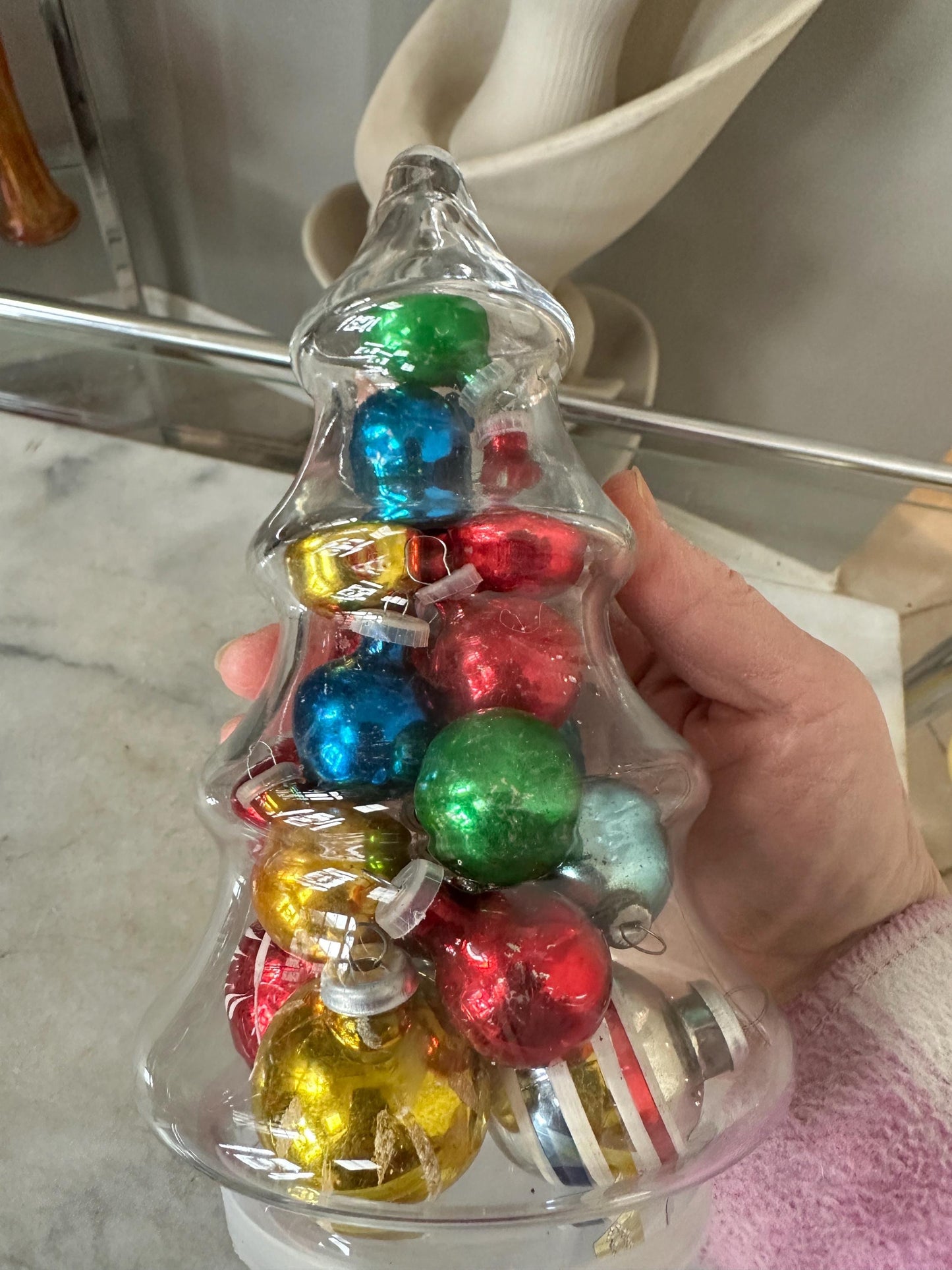 Vintage Christmas Tree Jar with Mini Mercury Glass Ornaments, 9 inches tall