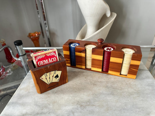 Vintage Cedar Poker Chip Set: Bakelite Chips, Card Holder, Bally's Cards