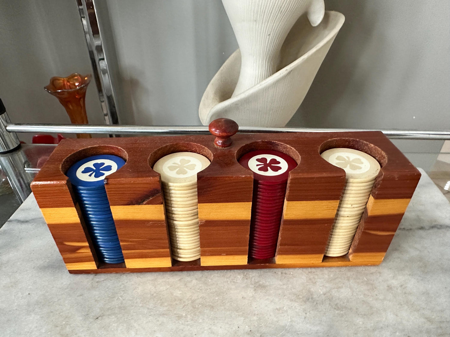 Vintage Cedar Poker Chip Set: Bakelite Chips, Card Holder, Bally's Cards