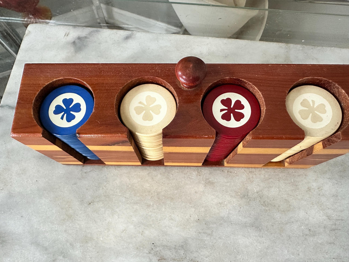 Vintage Cedar Poker Chip Set: Bakelite Chips, Card Holder, Bally's Cards
