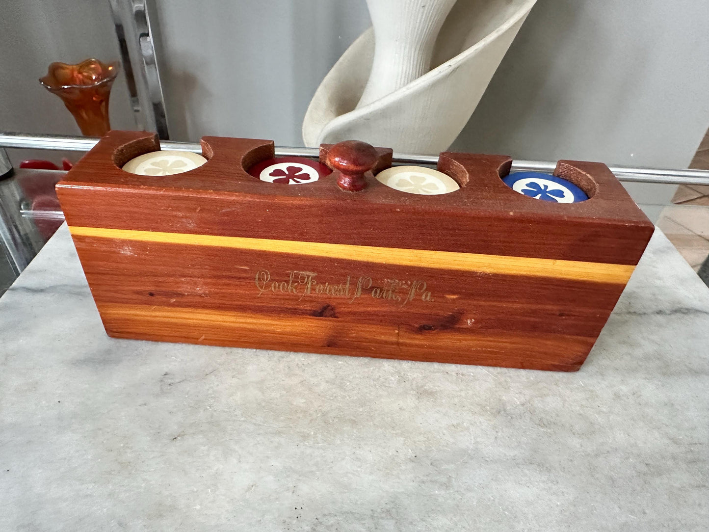 Vintage Cedar Poker Chip Set: Bakelite Chips, Card Holder, Bally's Cards