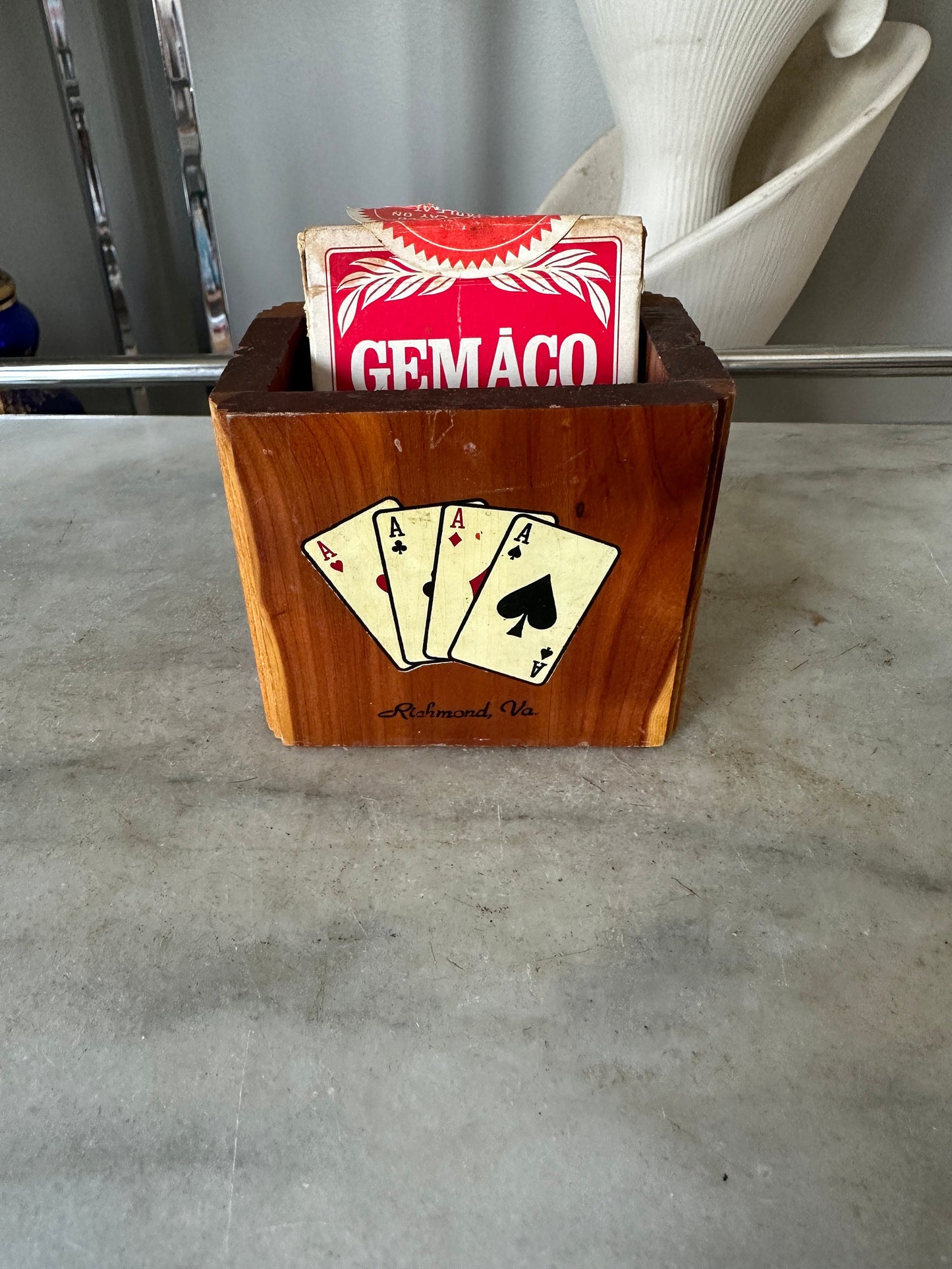 Vintage Cedar Poker Chip Set: Bakelite Chips, Card Holder, Bally's Cards