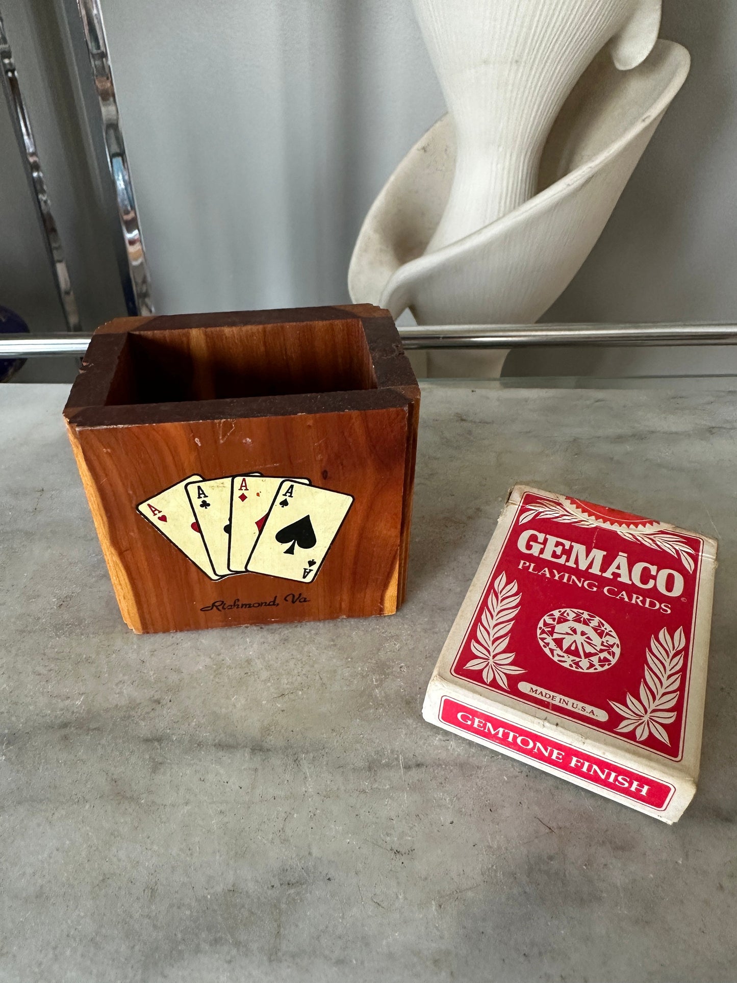 Vintage Cedar Poker Chip Set: Bakelite Chips, Card Holder, Bally's Cards