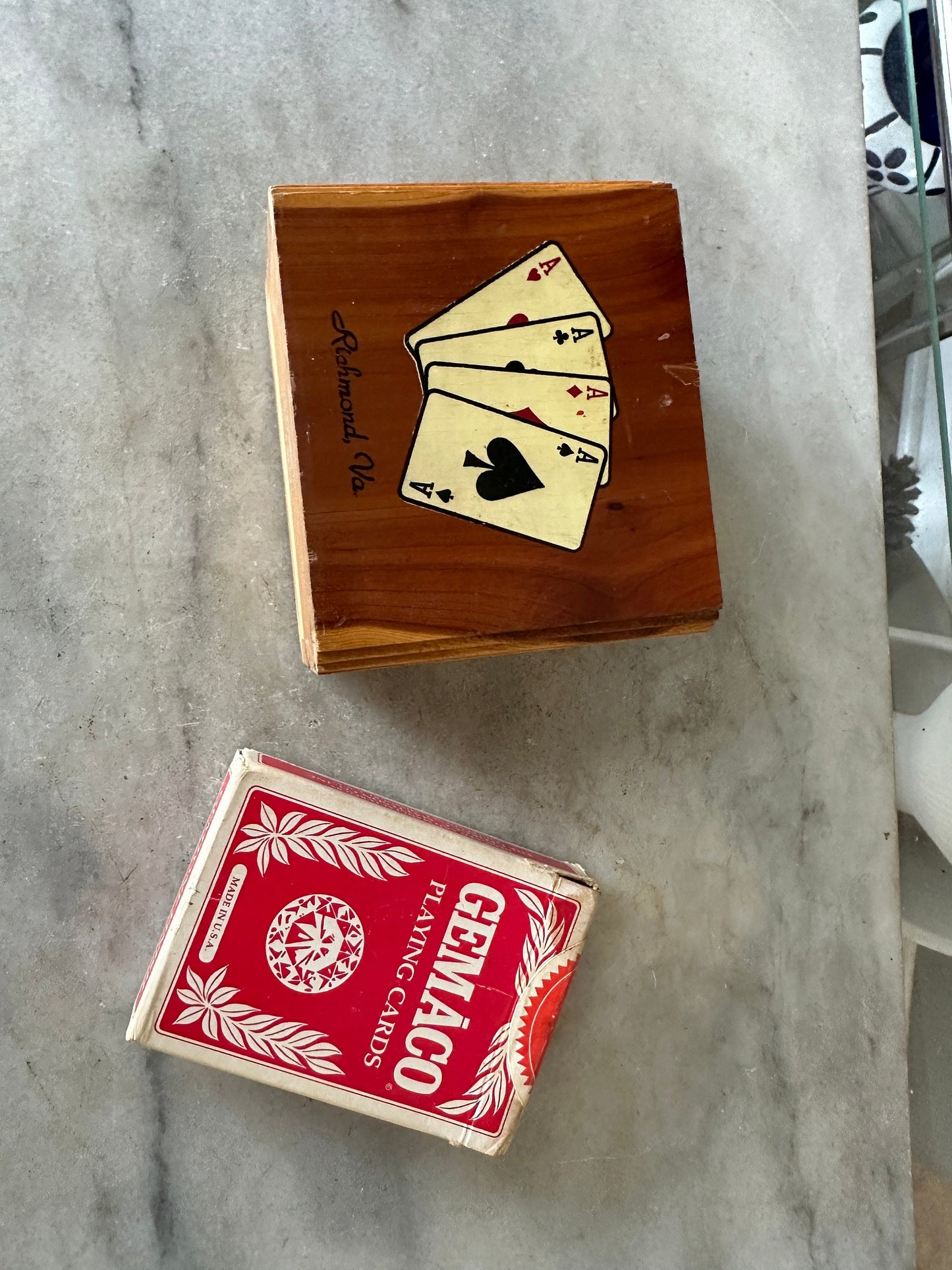 Vintage Cedar Poker Chip Set: Bakelite Chips, Card Holder, Bally's Cards