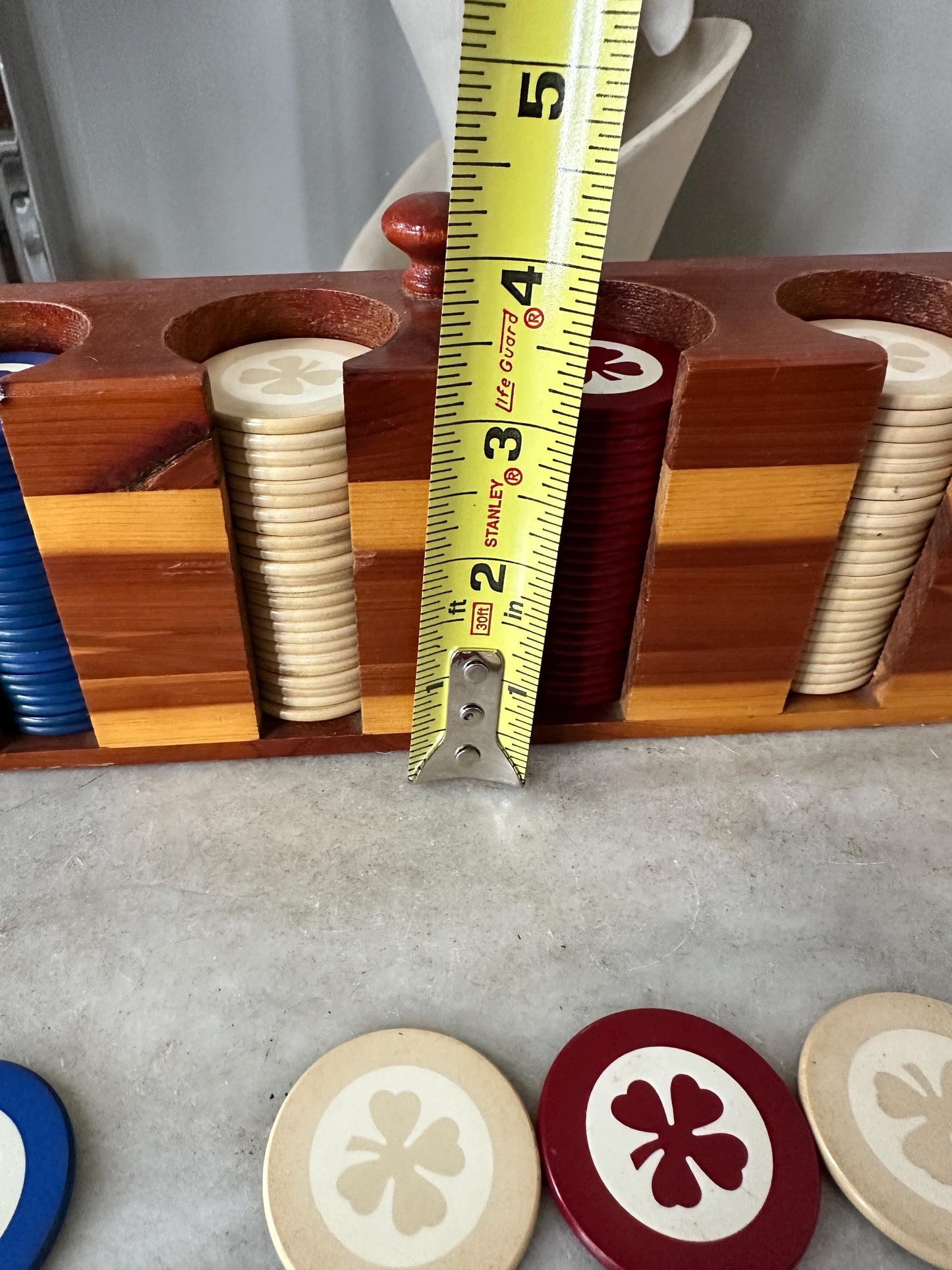 Vintage Cedar Poker Chip Set: Bakelite Chips, Card Holder, Bally's Cards