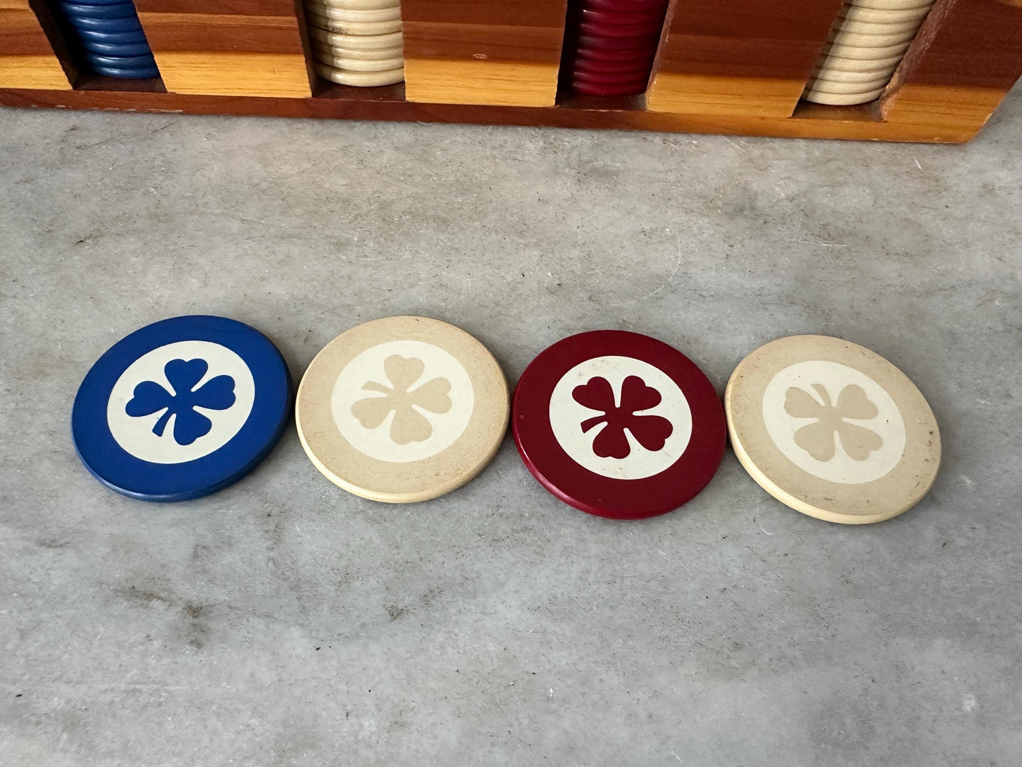 Vintage Cedar Poker Chip Set: Bakelite Chips, Card Holder, Bally's Cards