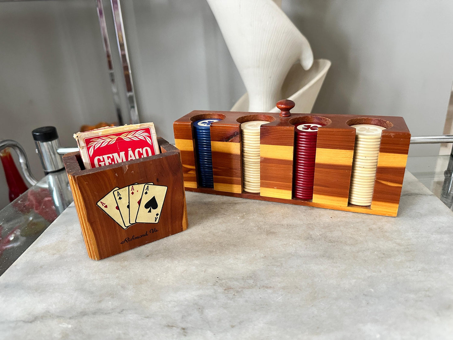 Vintage Cedar Poker Chip Set: Bakelite Chips, Card Holder, Bally's Cards